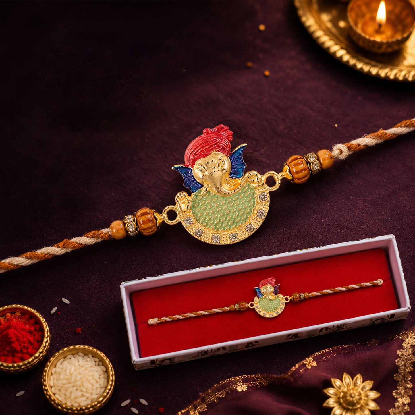 Auspicious Lord Ganesha Designer Meenakari Rakhi for Brother Gift Set
