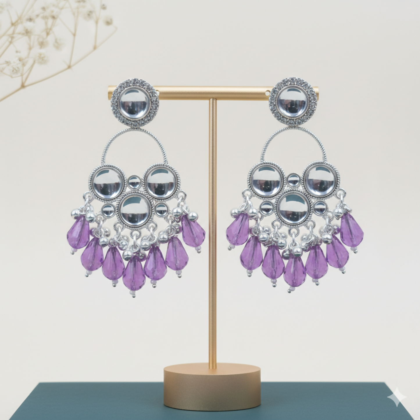 Kundan Purple Pearl Silver Plated Chandbali Earrings Agate Alloy Chandbali Earring