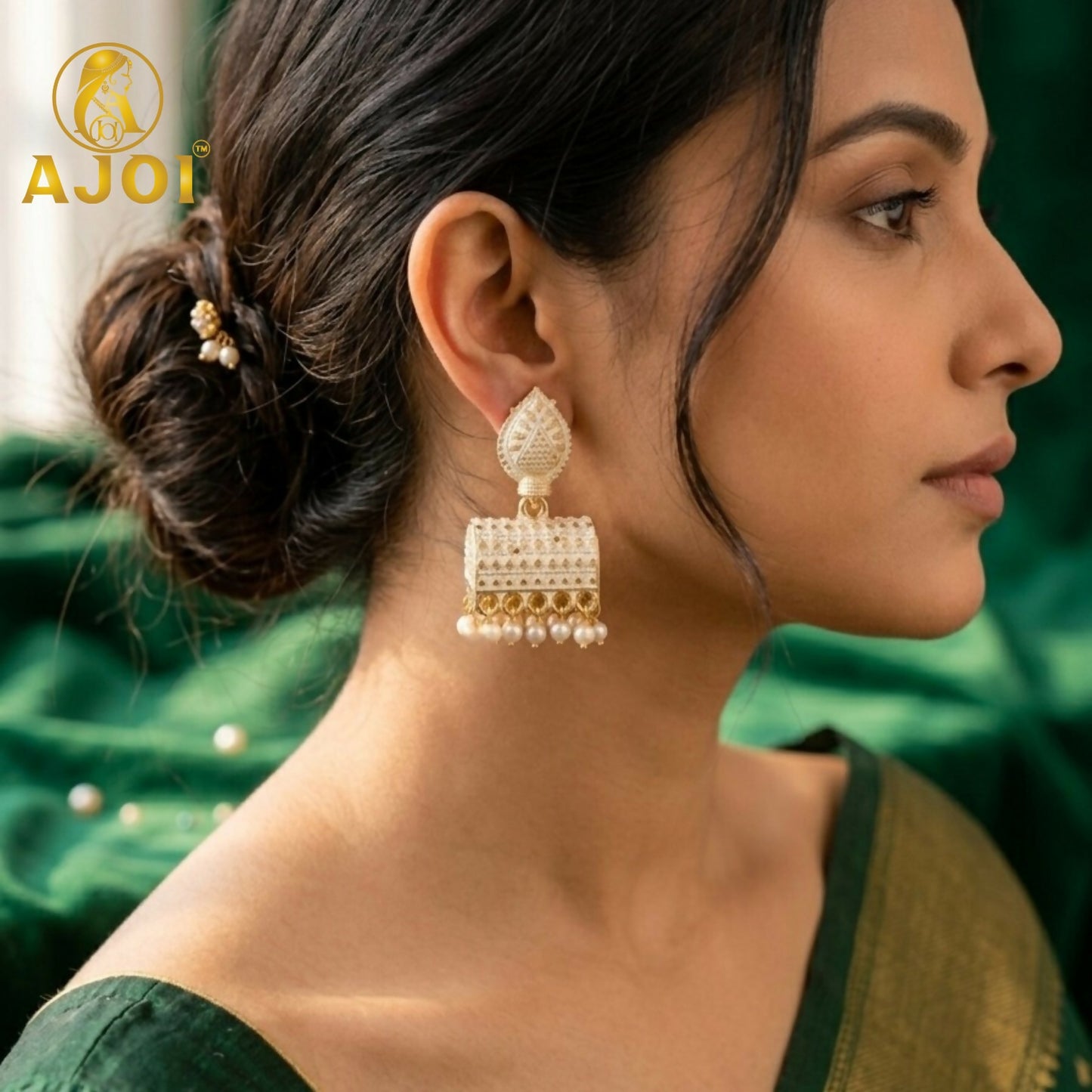 Elegant Gold Plated Pearl Drop Ethnic Earrings with White Design