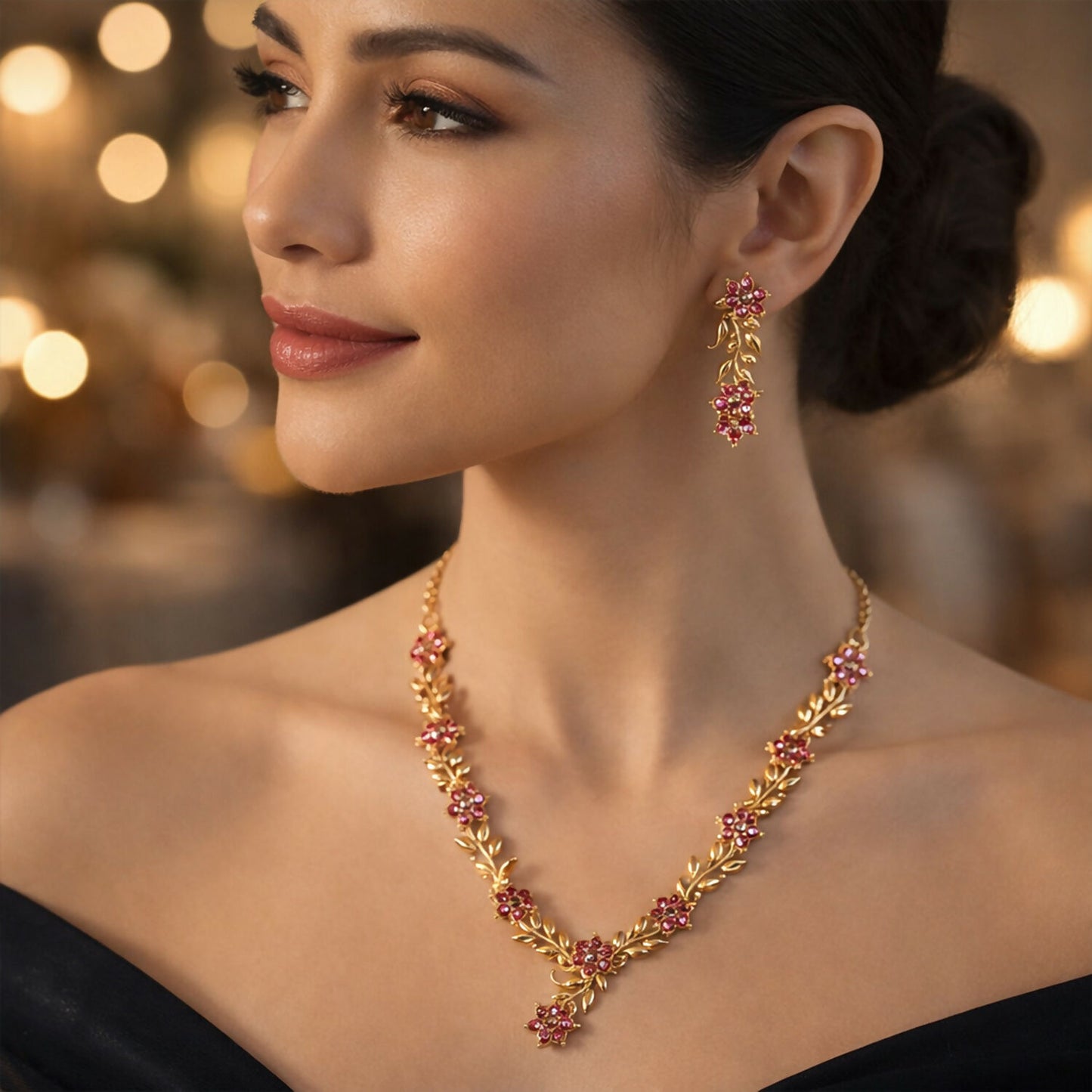 Jewelry collection featuring ruby and gold floral set on soft background