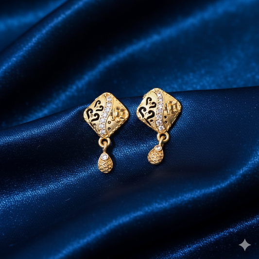 Gold Plated Daily Use Rhombus Drop Earrings with Filigree Detailing and AD