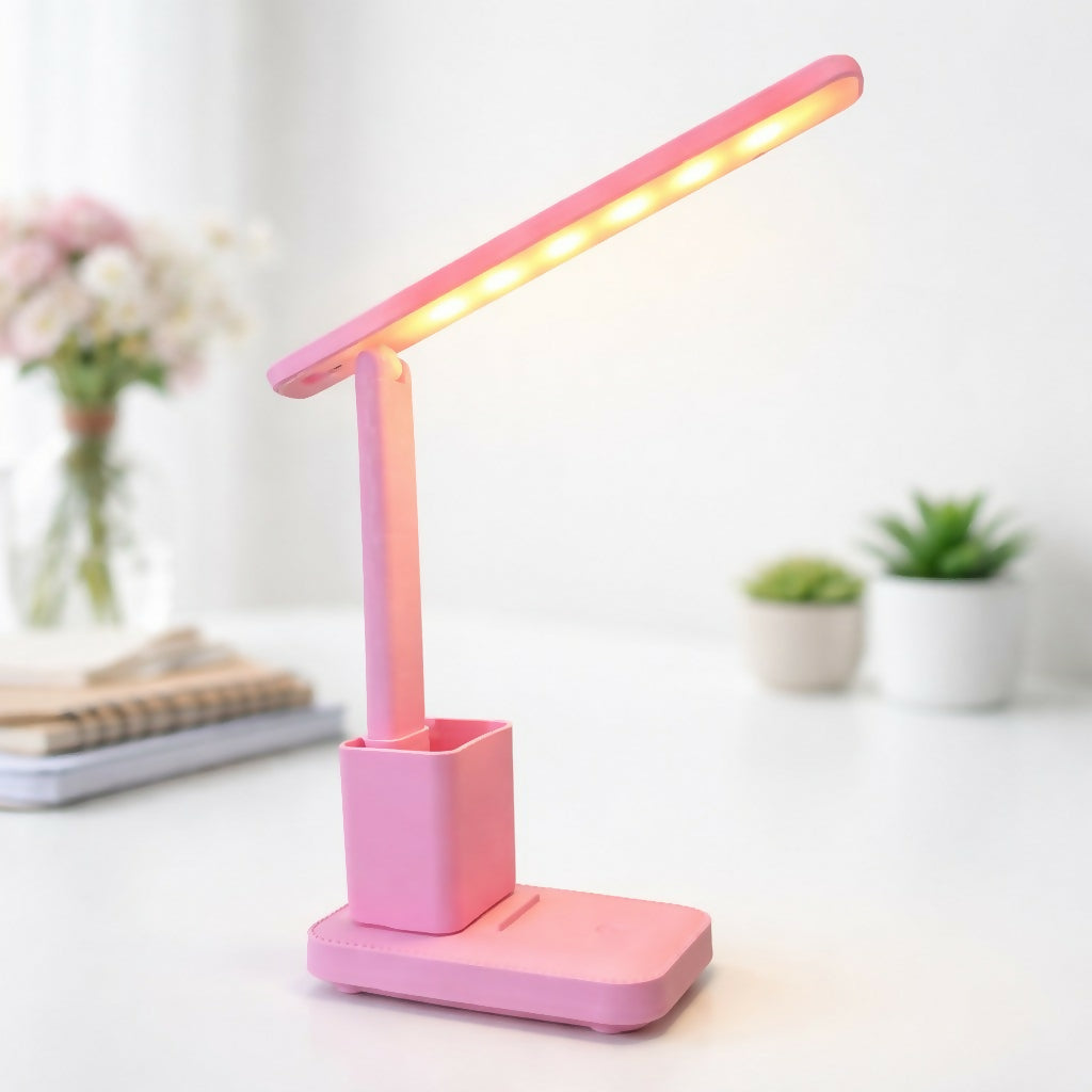 Pink LED Study Table Lamp with Pen Holder, Touch Control, 3 Light Modes