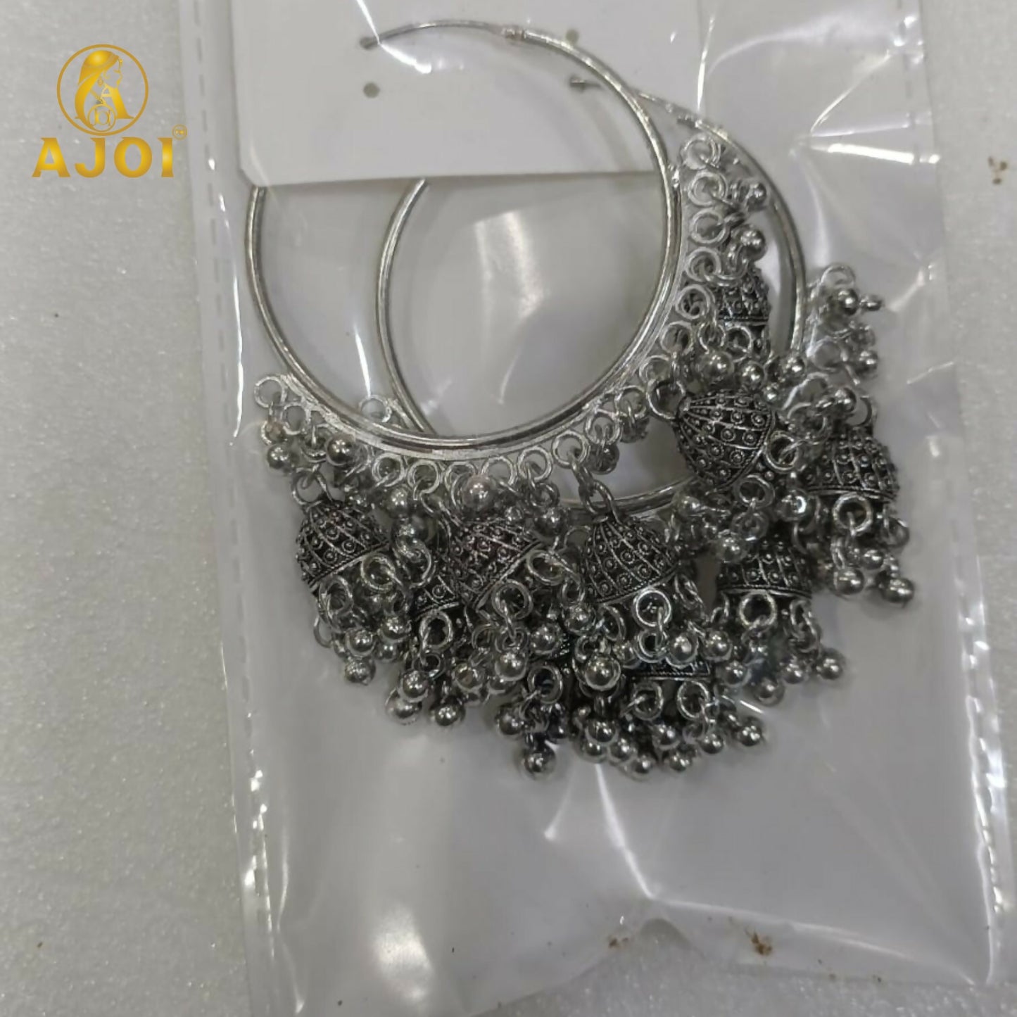 Handcrafted Oxidized Silver Hoop Jhumka Earrings with Intricate Filigree Detailing and Multiple Dangling Bell Drops