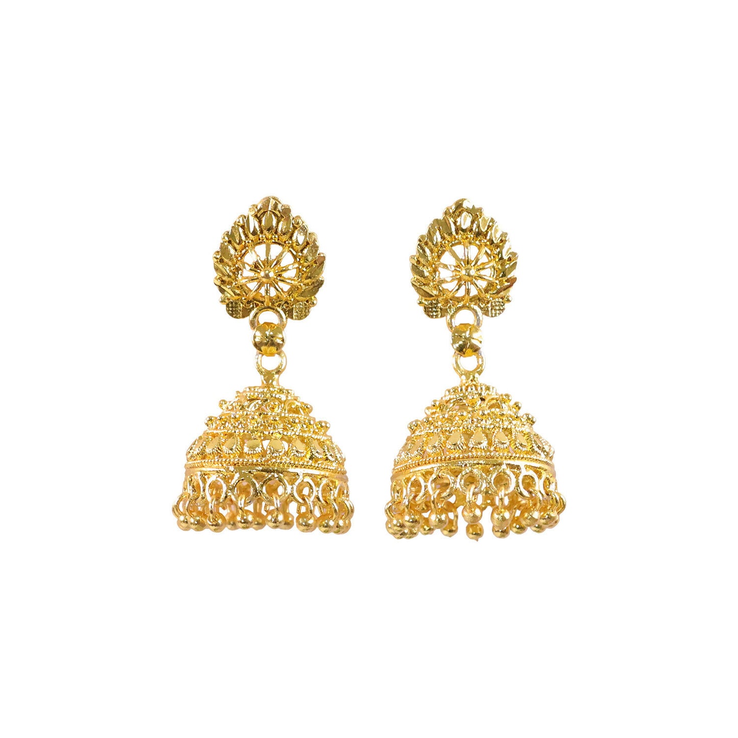 Detailed view of ethnic dome jhumka earrings highlighting floral work