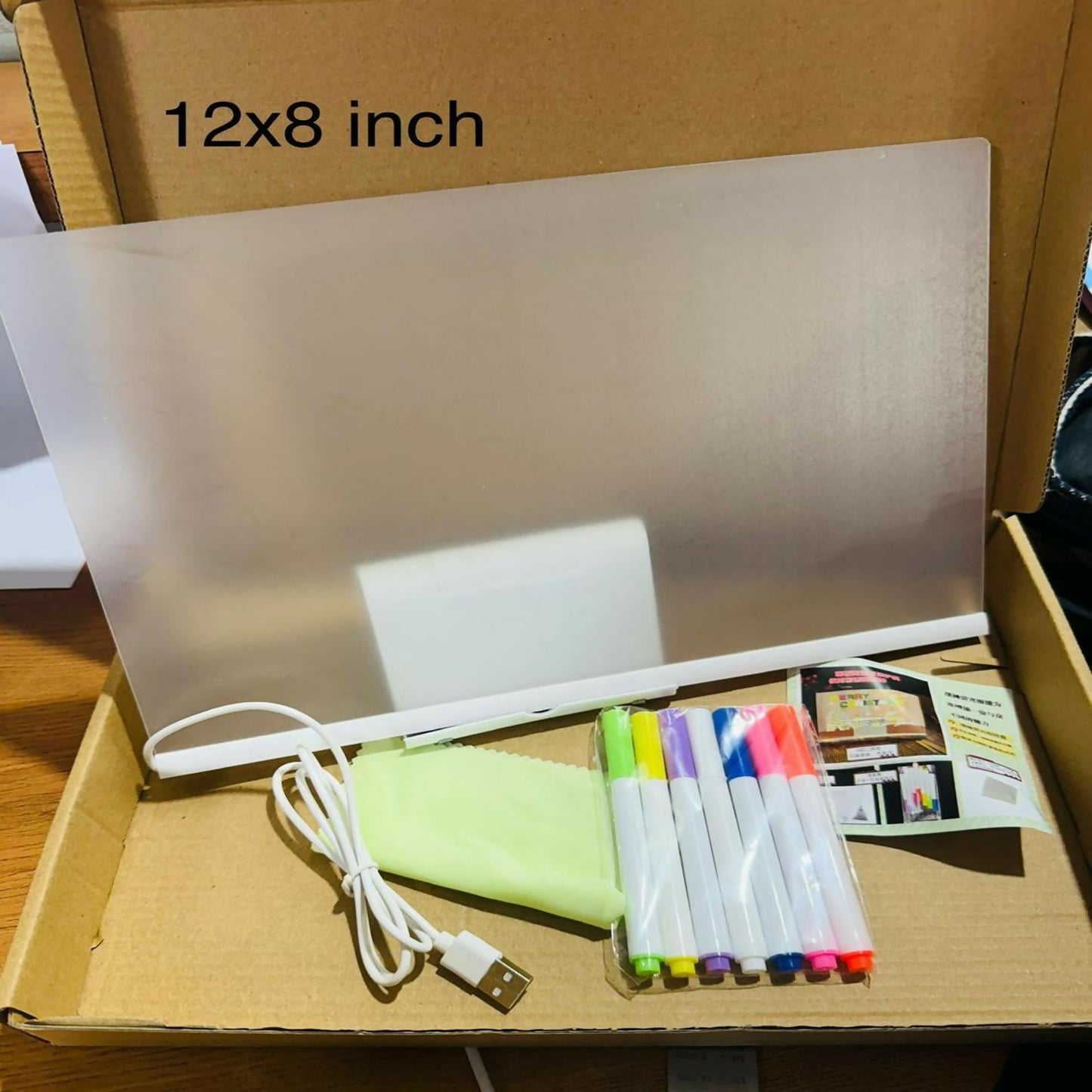 LED Message Writing Board 12x8 Inch with 7 Neon Color Markers, USB Powered Light Up Drawing Pad with Large Erasable Acrylic Surface for Kids, Party Decoration, Café Menu Display & Home Décor