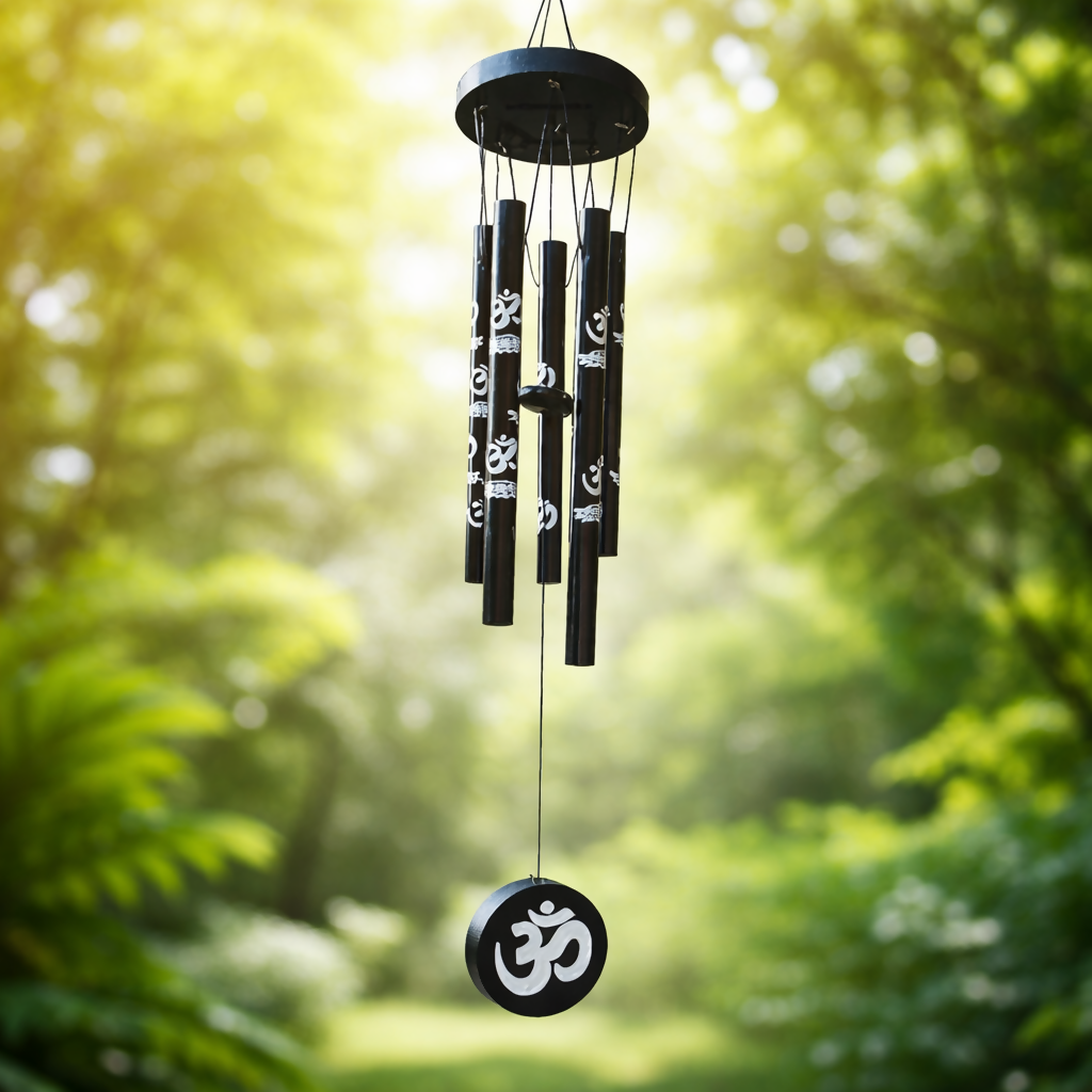 Black Om Symbol Wind Chime for Home Decor, Hanging Sound Chime for Balcony & Entrance