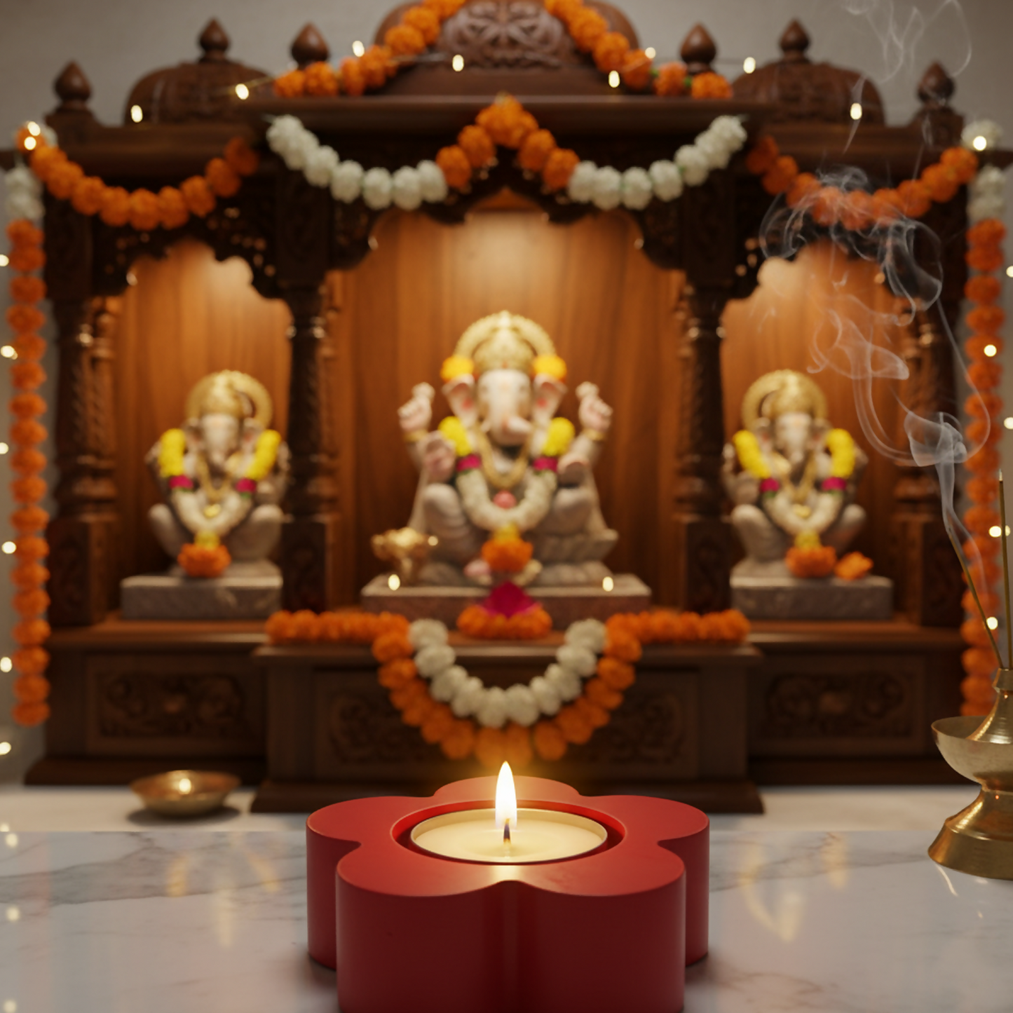 Flower Decorative Diya Multi-Purpose Tealight Candle Holder, Dhoop Cone Stand, Pooja Diya & Mini Planter (Red, Rose Gold, Metallic Pink)