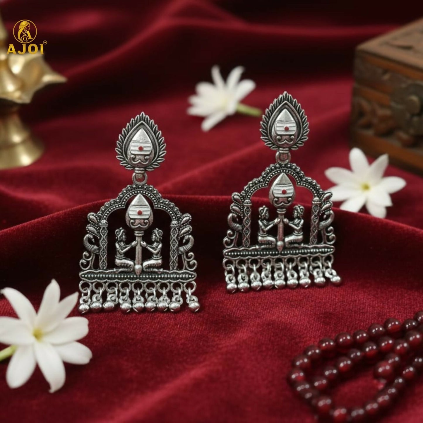 Shivarpan White Pearl Oxidized Silver Temple Earrings