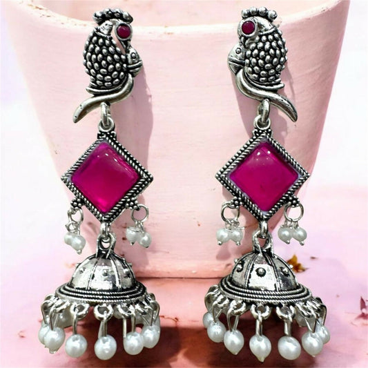 Oxidised Silver Pink Stone Parrot Design Jhumka Earrings for Women & Girls