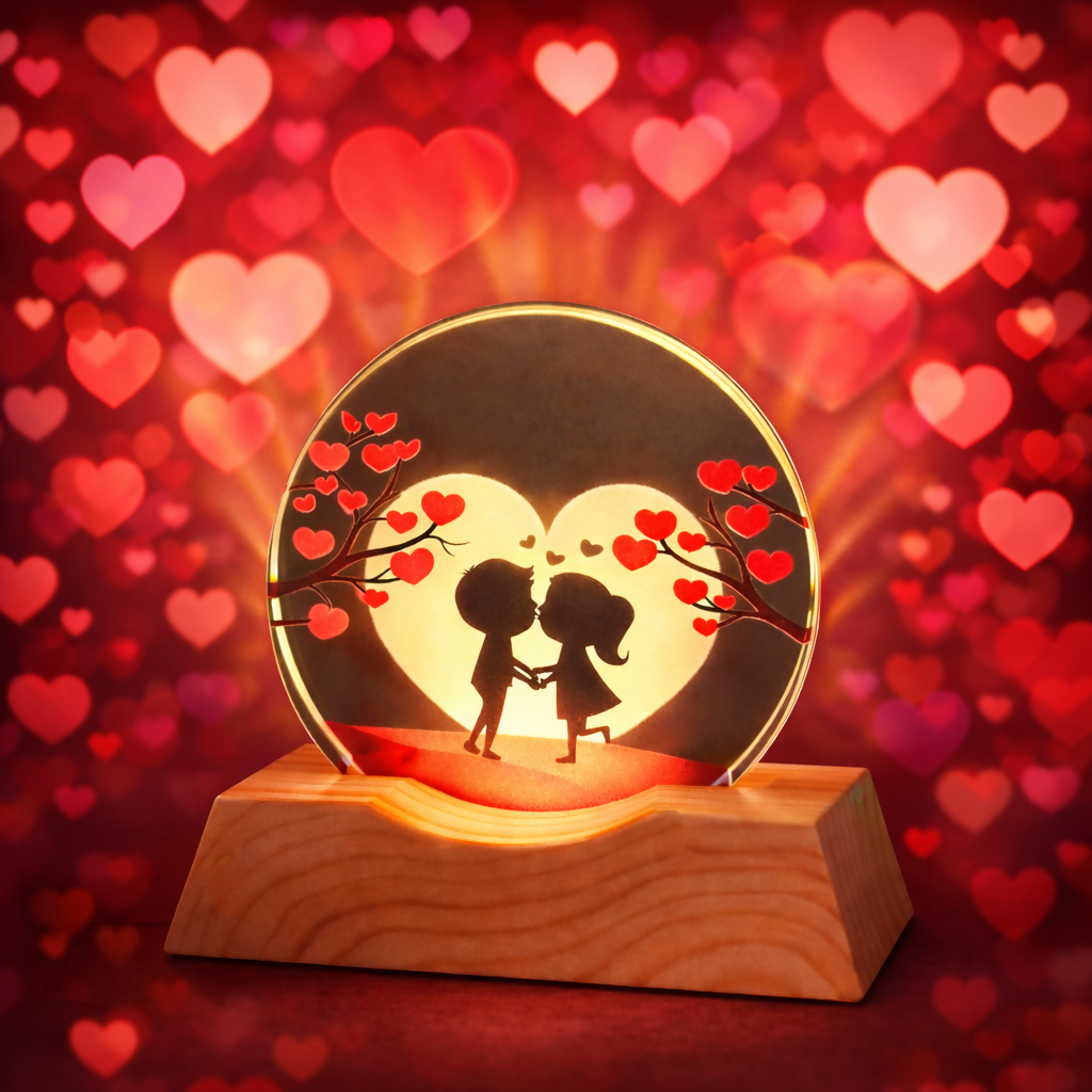 Romantic Couple LED Acrylic Lamp with Wooden Base | USB Powered Night Light