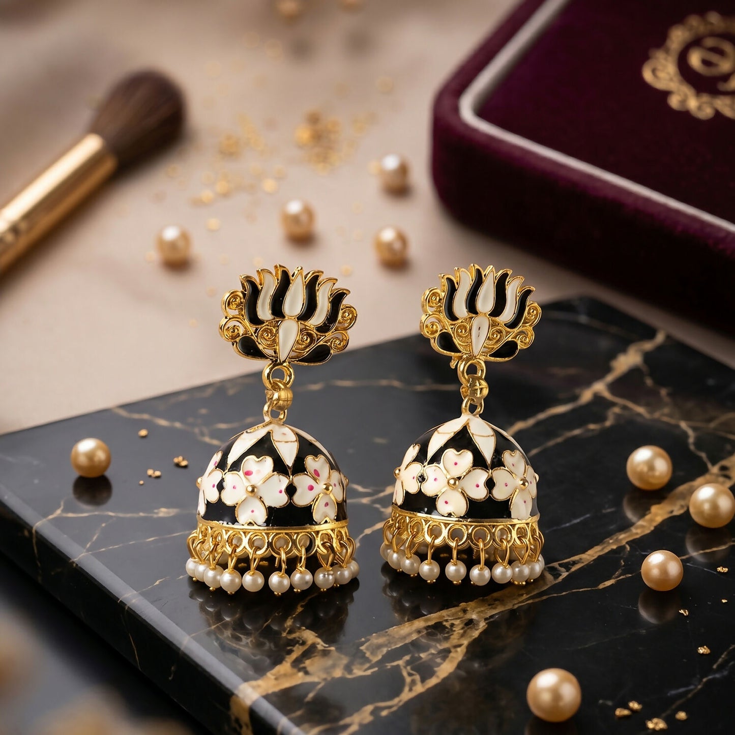 Jhumka earrings with pearl drops detailed image