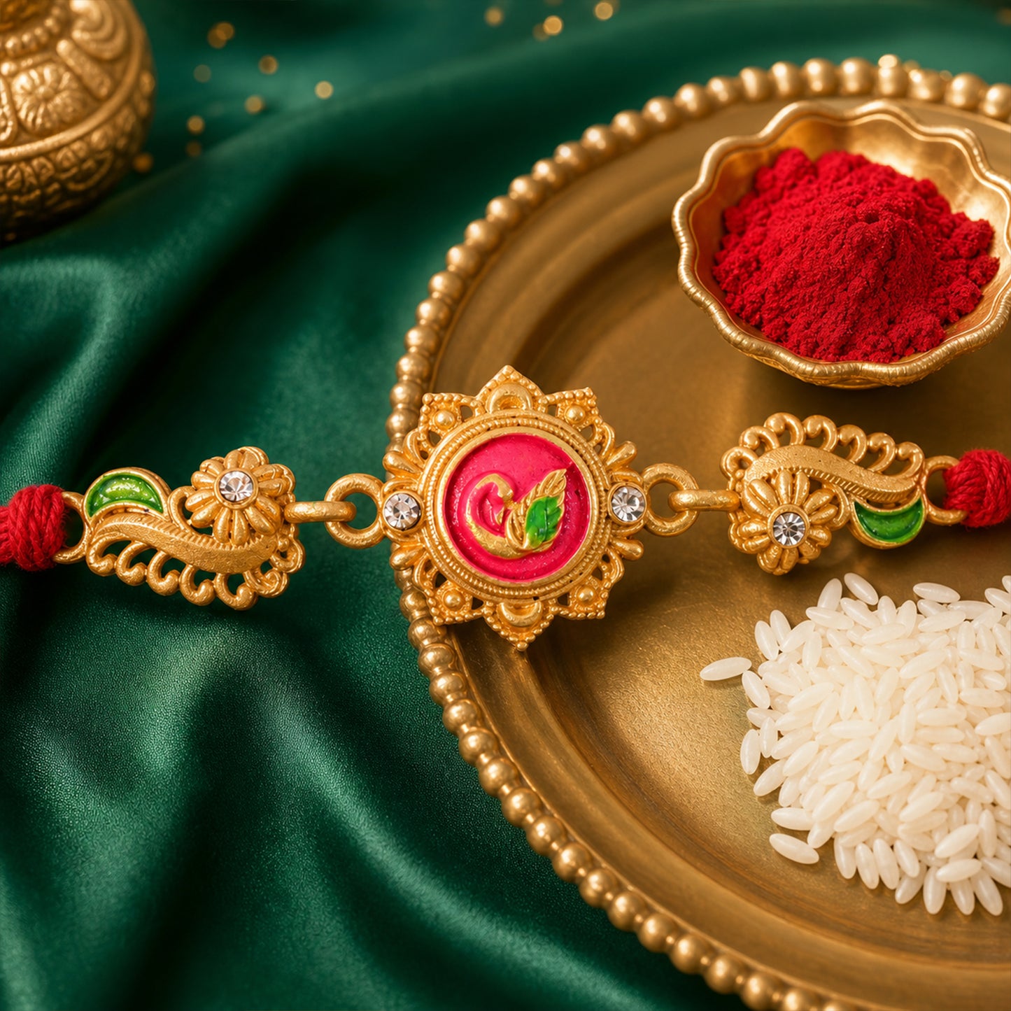 Designer Rakhi showcasing Floral Rosette, gold trims and gift style for Gift Styling