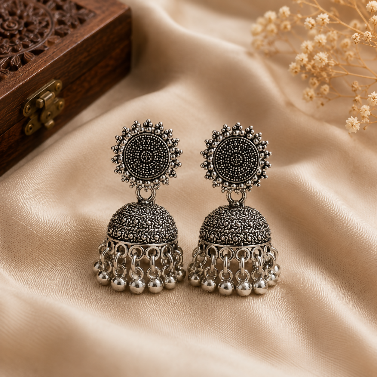 Beautiful pair of oxidised silver jhumka earrings with an intricate dome design.