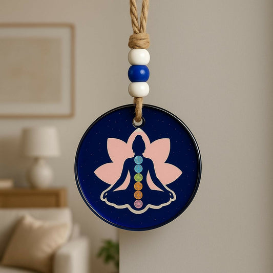 Set of 2 Hanging Wall & Car Decorative Ornaments – Lord Ganesha Design & Chakra Meditation Lotus Symbol – Evil Eye Protection with Beads – Home Temple Wall Décor, Car Rearview Mirror Hanging, Positive Energy Gift