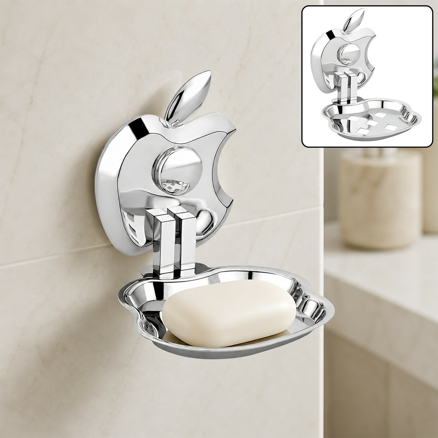 Stylish stainless steel soap dish with apple-shaped design for modern bathrooms