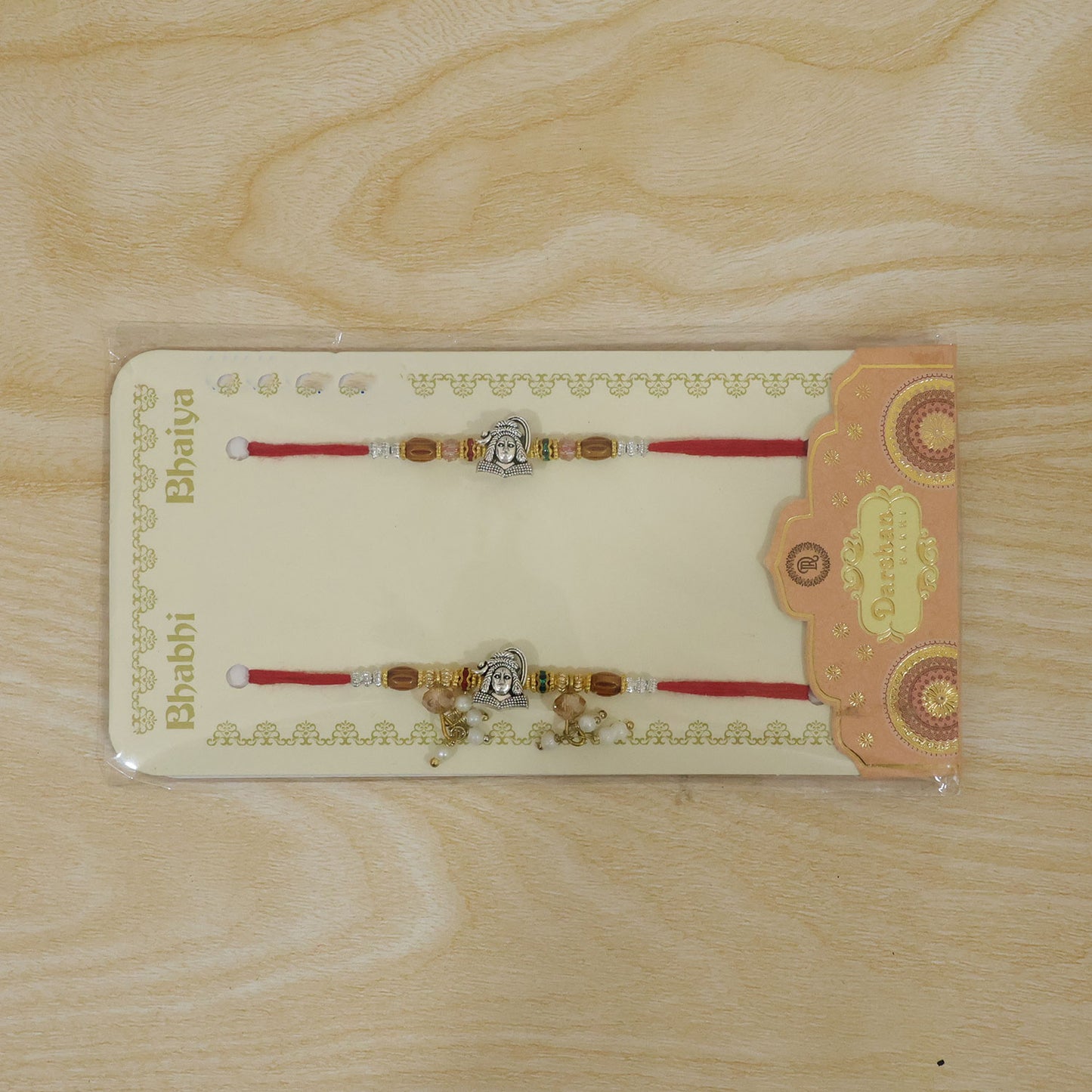 Antique Krishna Couple Rakhi Set with Wooden Beads and Pearl Lumba for Bhaiya Bhabhi