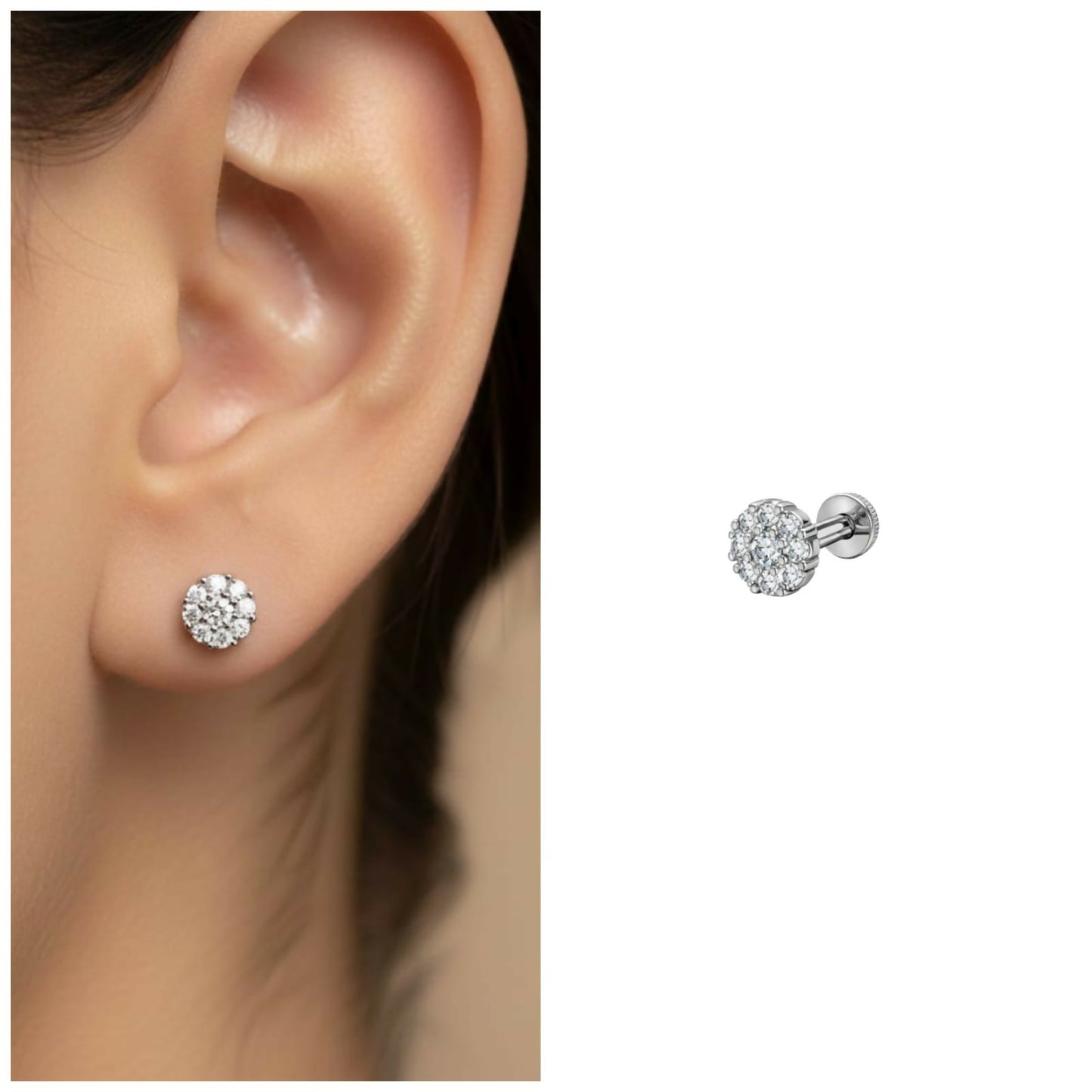 Silver plated AD Cluster Flat Back Stud Earrings Pack of 1 PCS