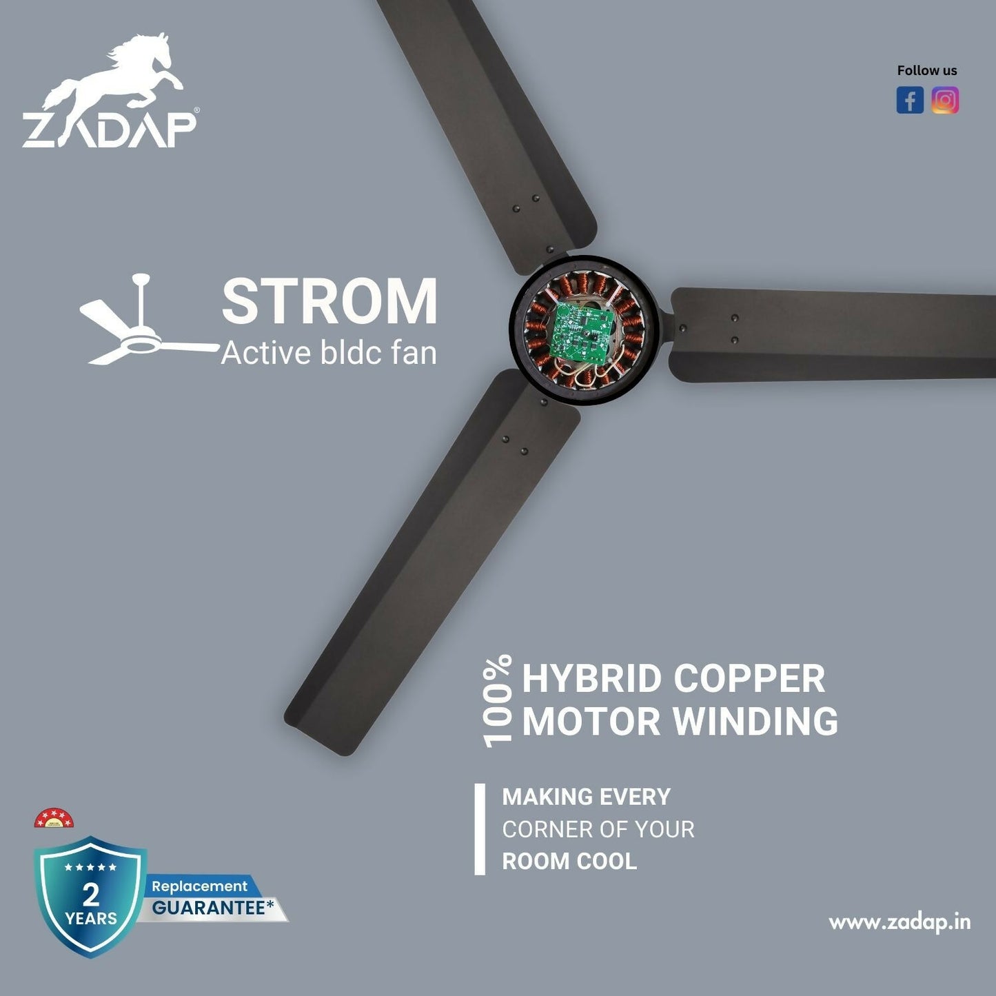 ZADAP STROM BLDC ceiling fan side angle view