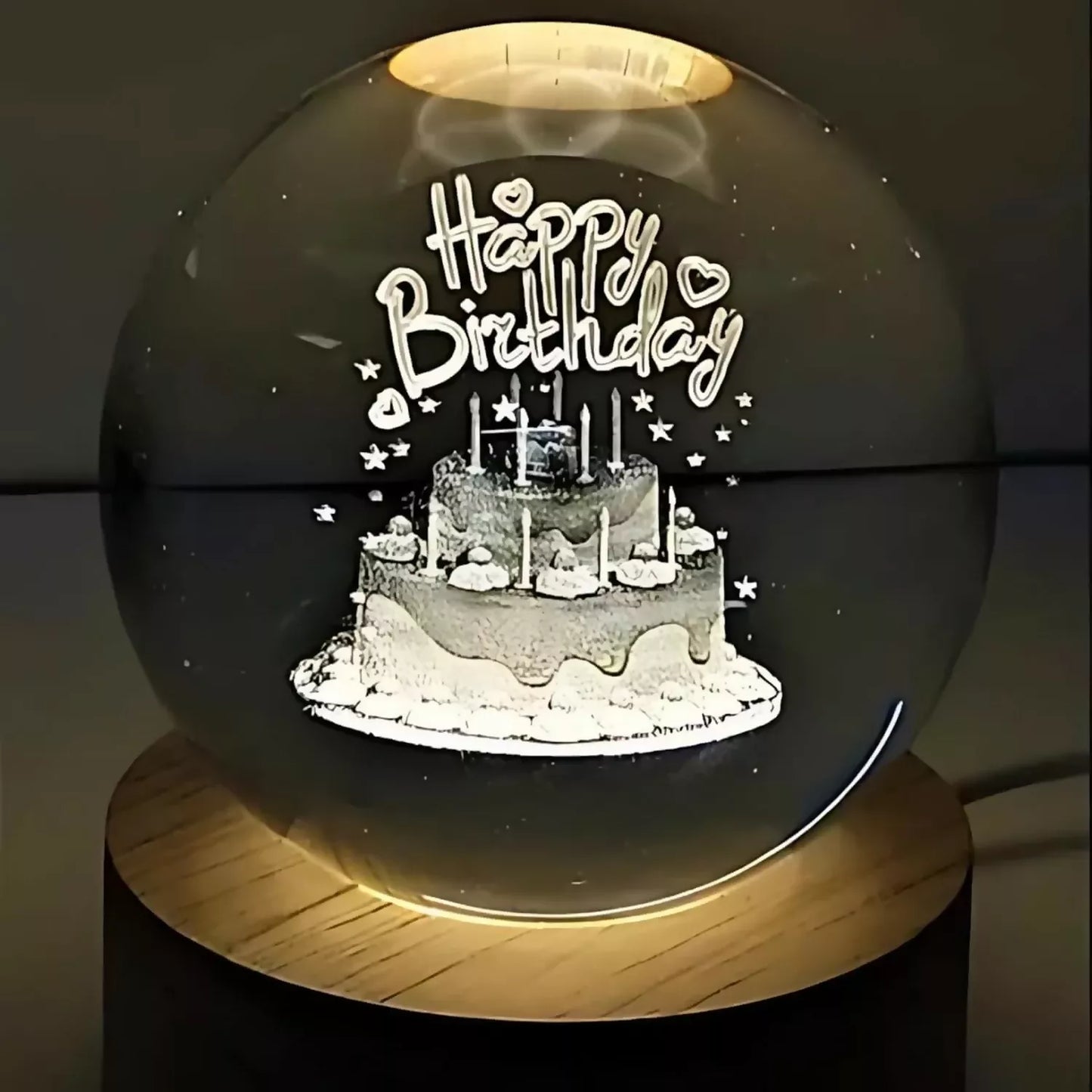 Decorative 3D crystal ball LED lamp with wooden base lit up