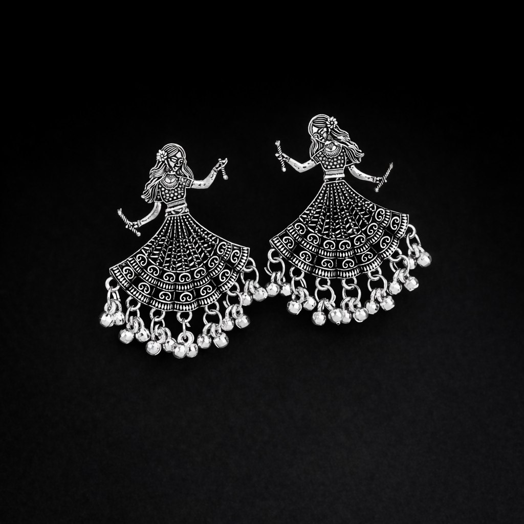 Oxidised Silver Dancing Doll Jhumka Earings