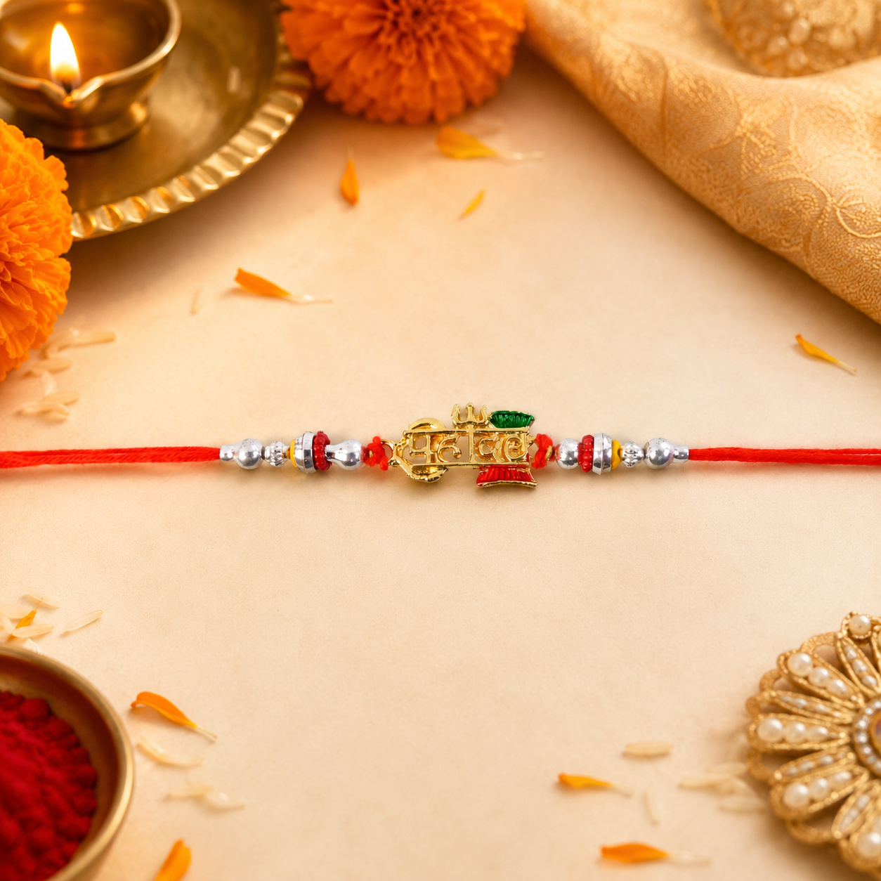 Mahadev Damru Rakhi with Red Green Beads and Pearl Highlights