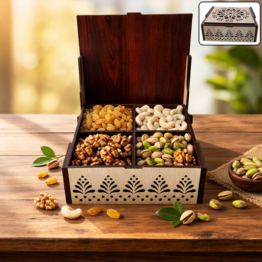 Elegant 4 Section Wooden Dry Fruit Storage Box with Laser Cut Designer Lid
