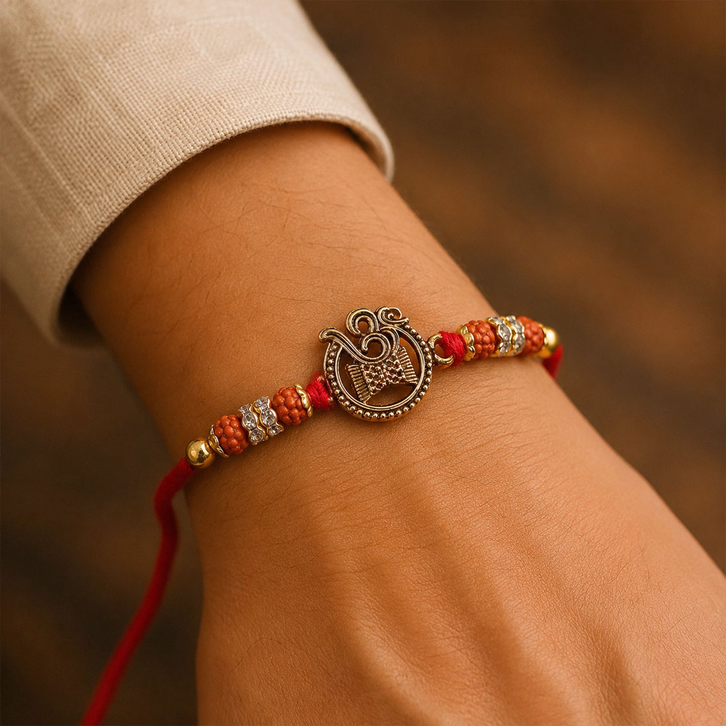 Om Damru Trishul Devotional Rakhi with Golden Centre, Orange Beads and Red Thread
