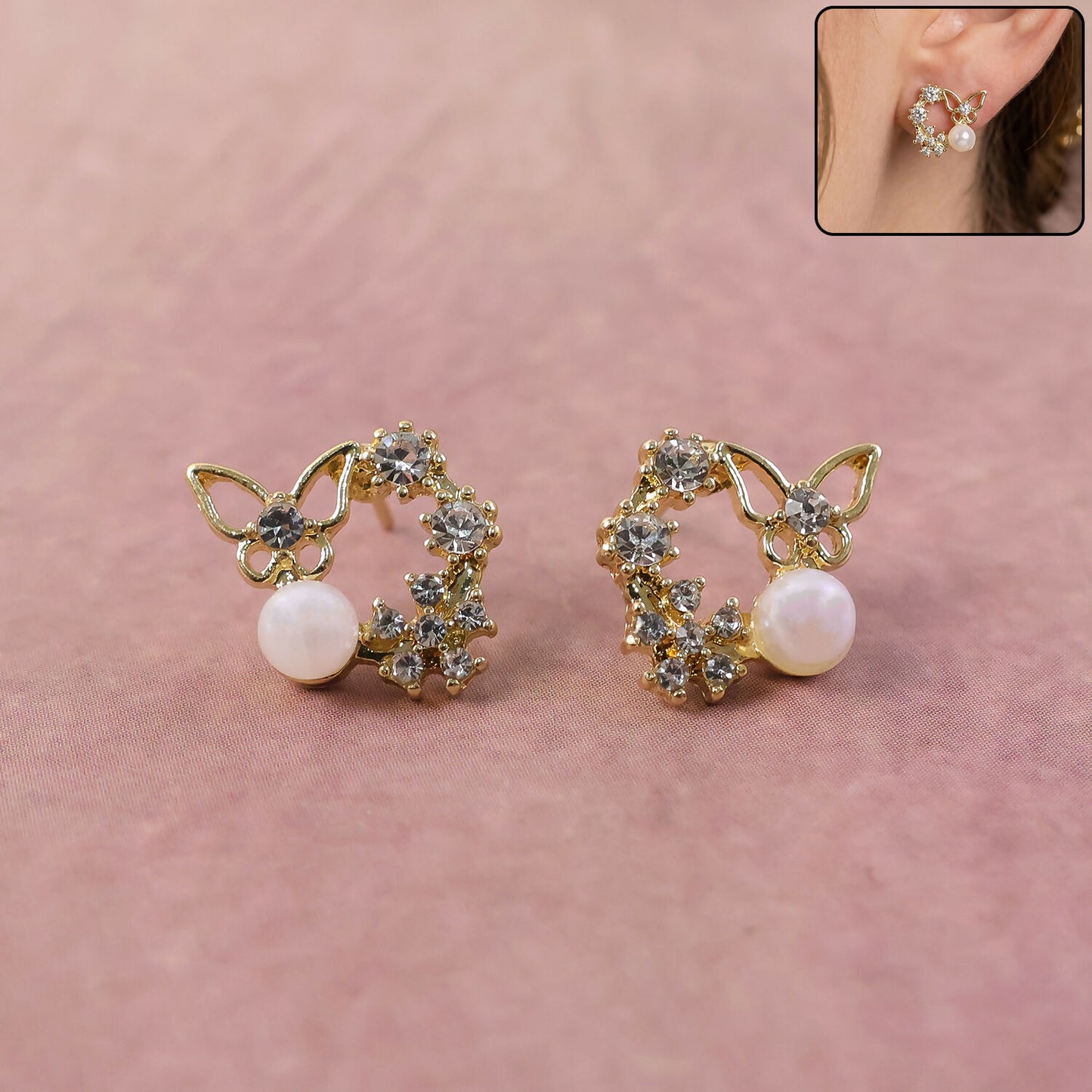 Butterfly Pearl Crystal Stud Earrings for Women And Girls