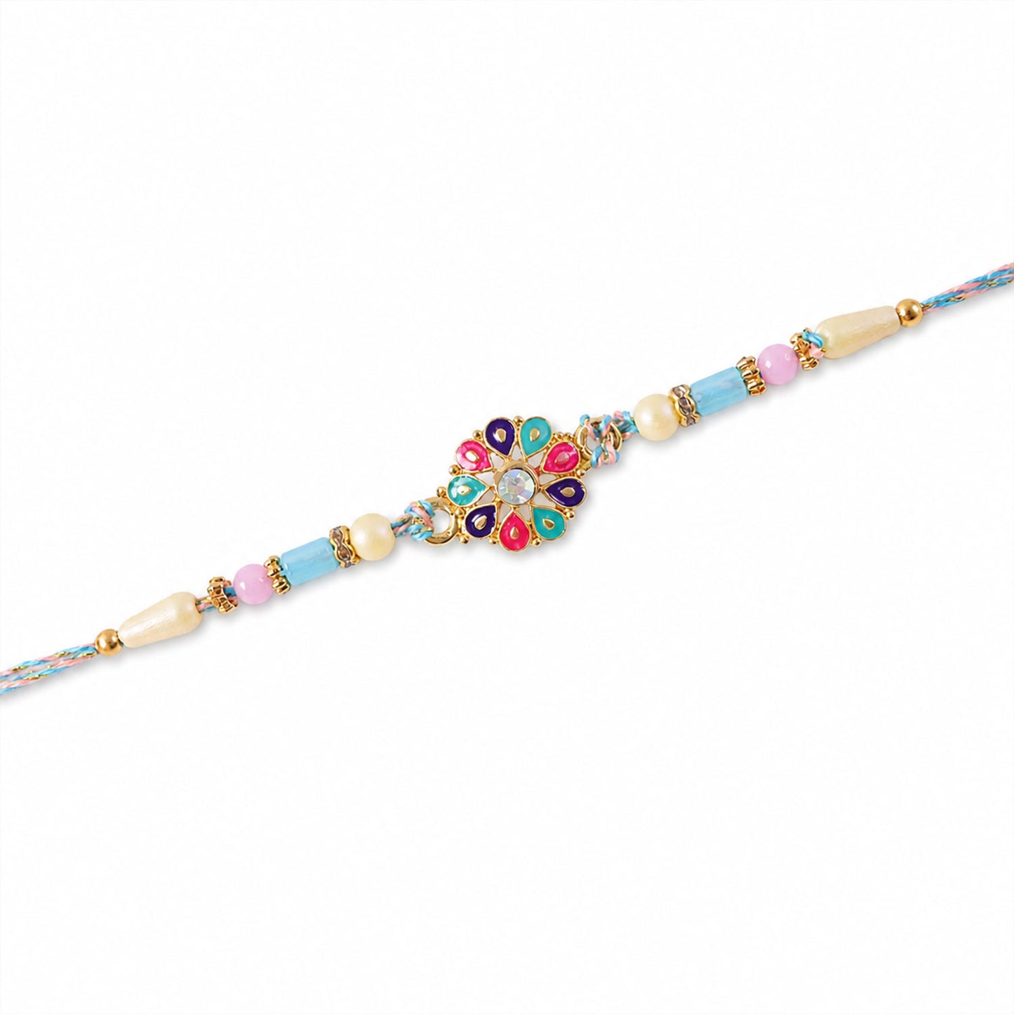 Multicolor Floral Kundan Pendant Rakhi with Pastel Beads