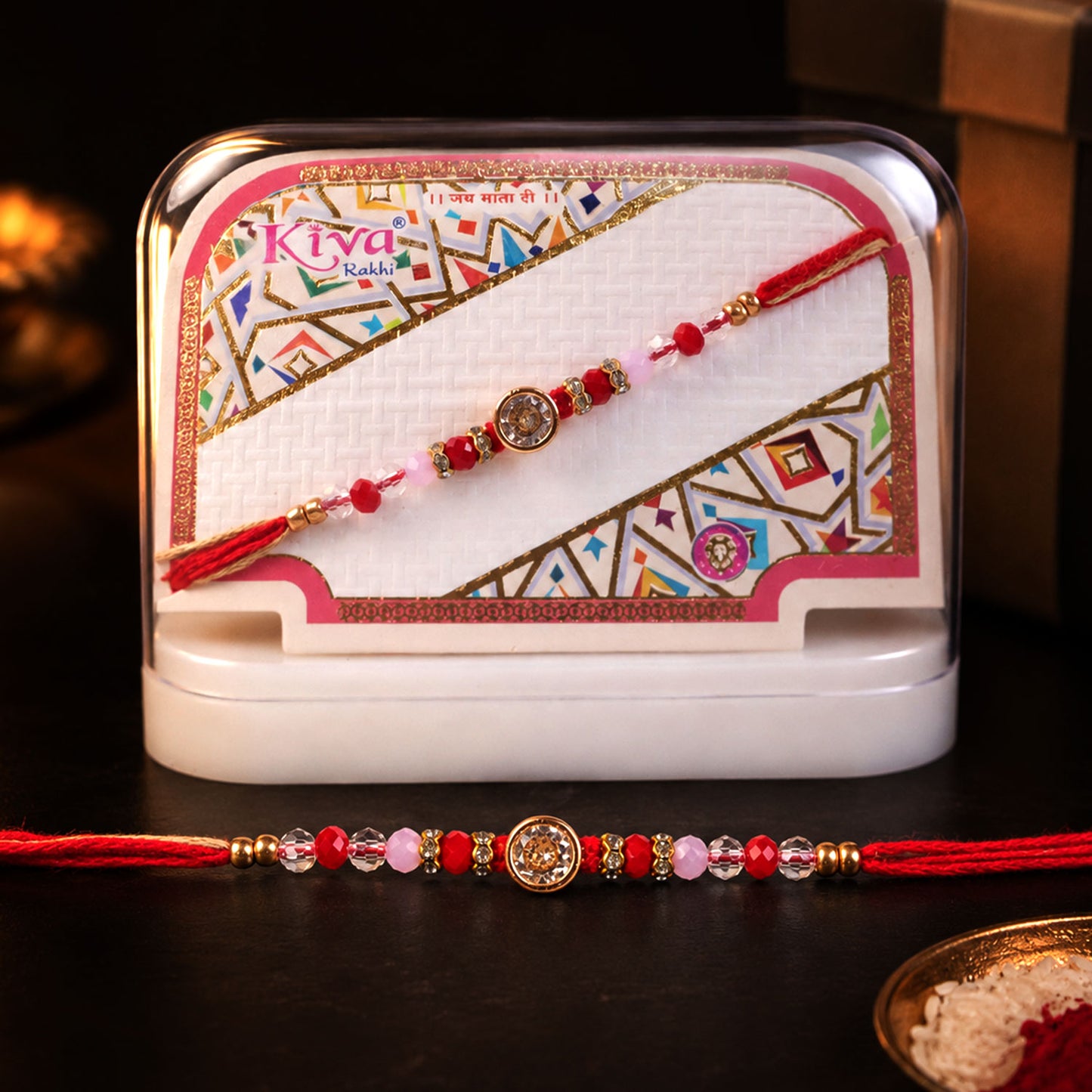 Sparkling AD Round Flower Designer Rakhi for Brother, Crystal Beads Gift