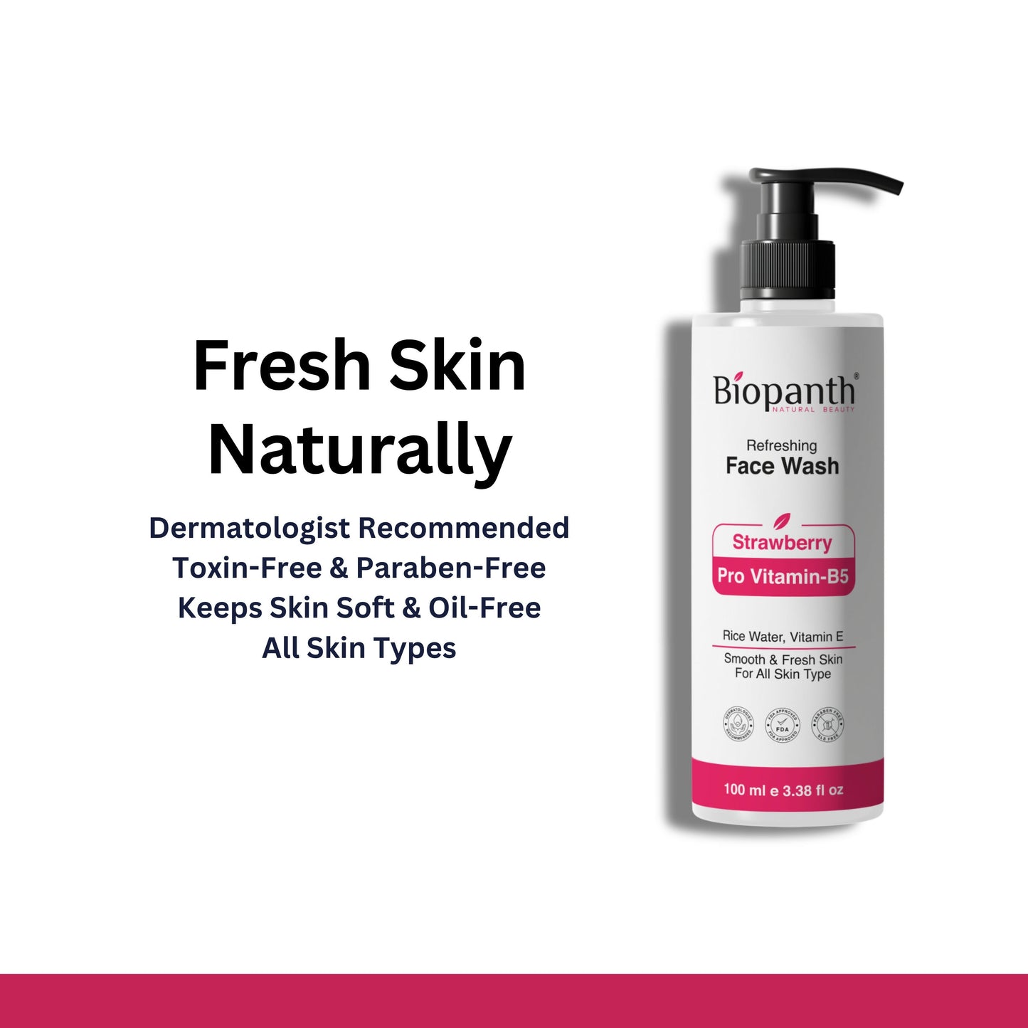 Bottle of face wash with strawberry extract for skin brightening