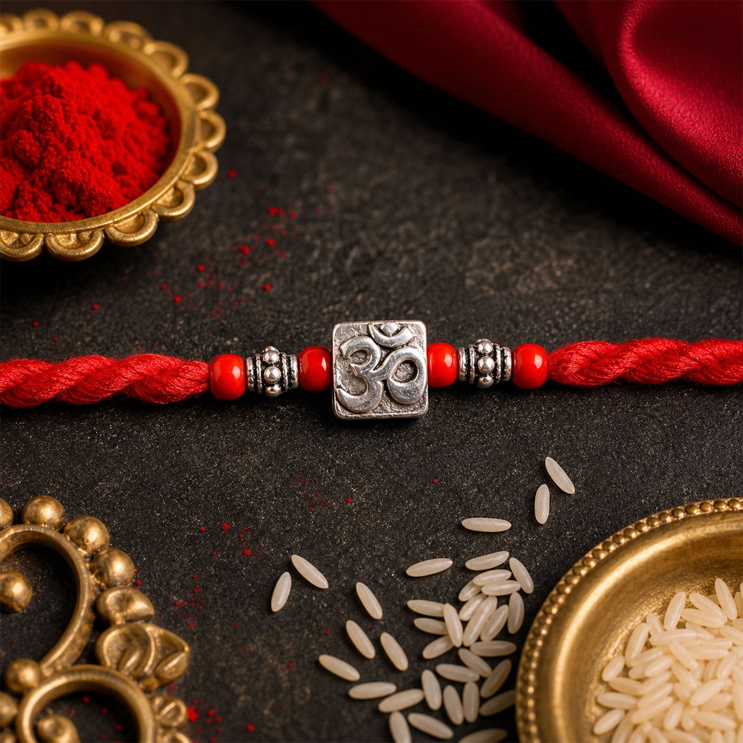 Red Thread Rakhi with a Bold Silver Om Pendant and Red Beads