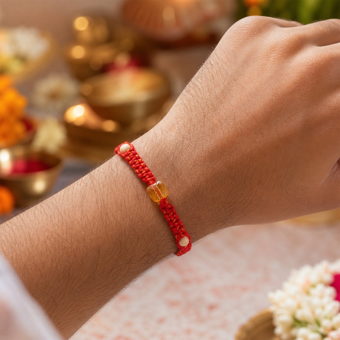 Red Thread Rakhi with a Faceted Amber-Toned Crystal Cube Bead