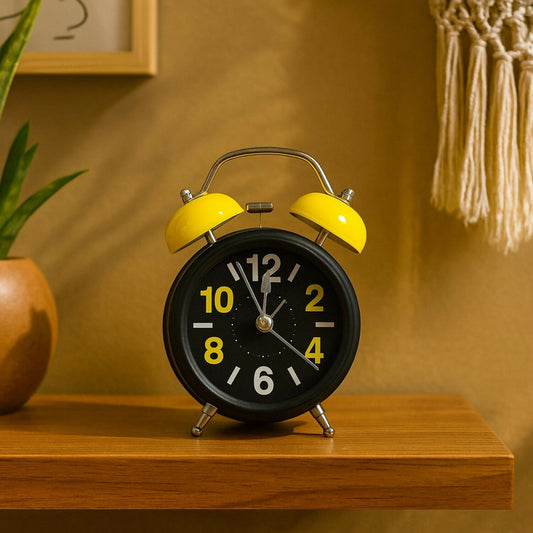 Yellow Twin Bell Alarm Clock – Loud Retro Analog Desk Clock with Night Light