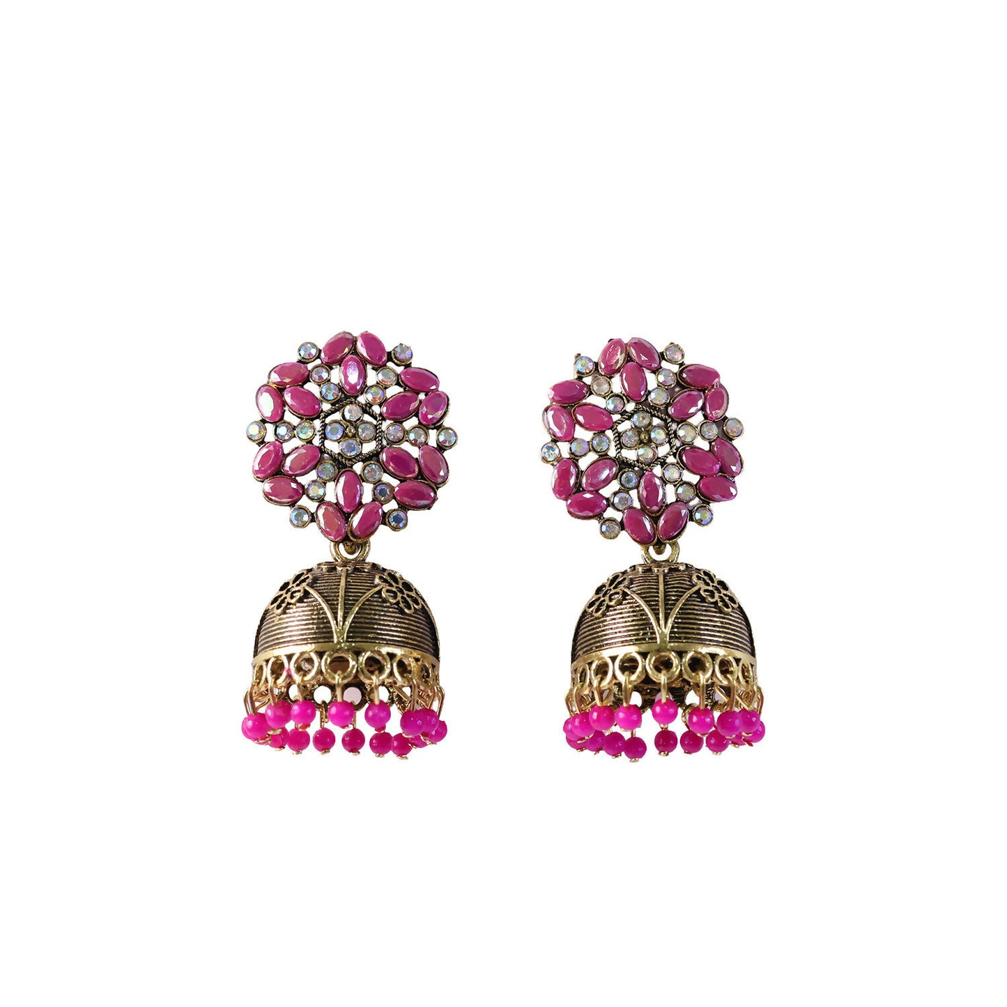 Detailed shot of pink beads and antique gold jhumka dome