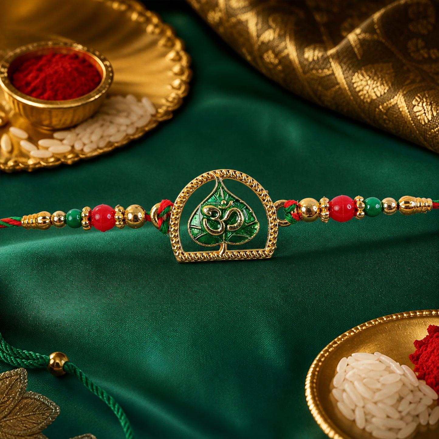 Divine Rakhi with Om Arch Plaque, leaf detail and display look for Festive Display