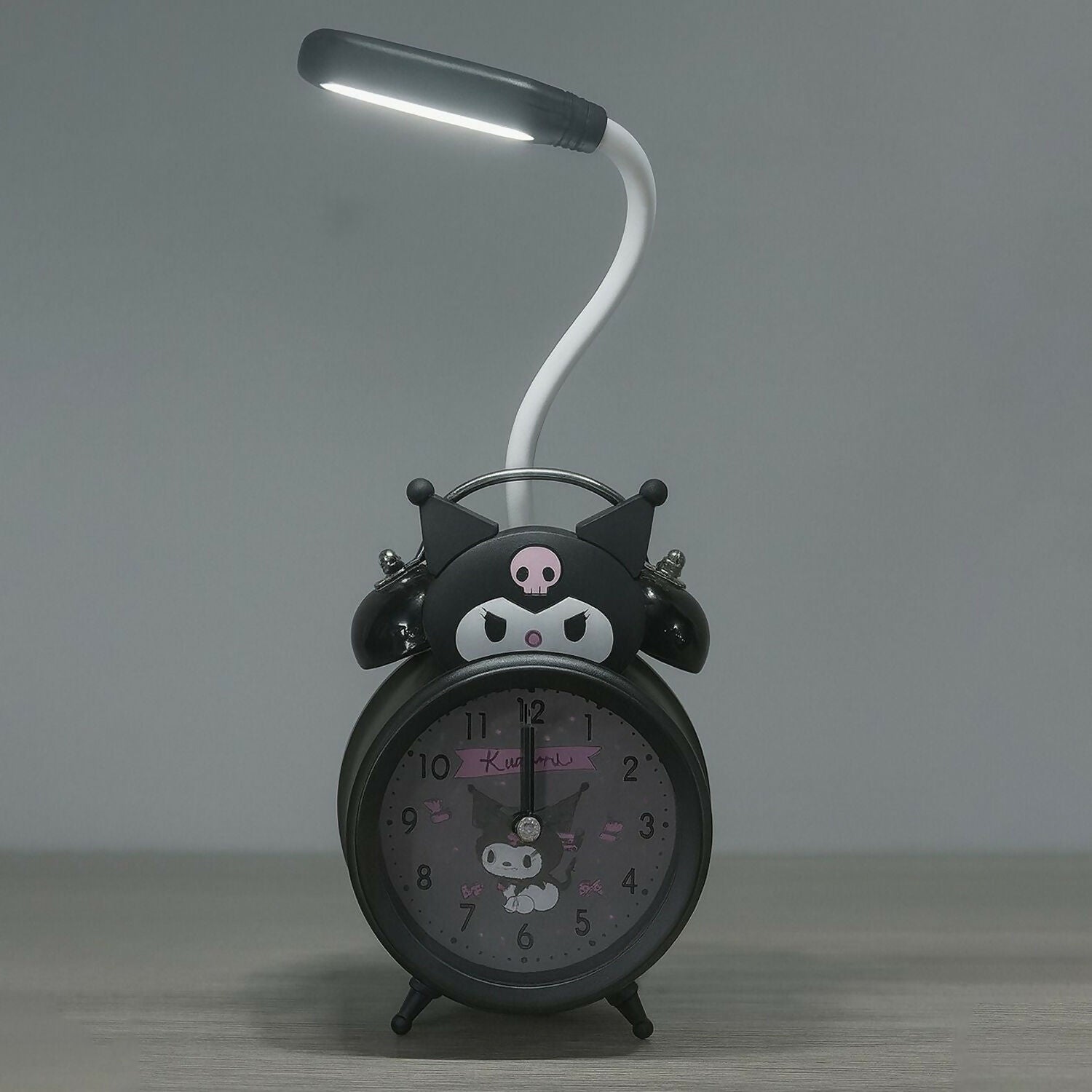 Kuromi Cartoon Character Alarm Clock with LED Night Lamp | Cute Black Bedside Table Clock with Flexible Reading Light, Loud Twin Bell Design, Battery Operated for Kids, Girls, Bedroom & Study Desk
