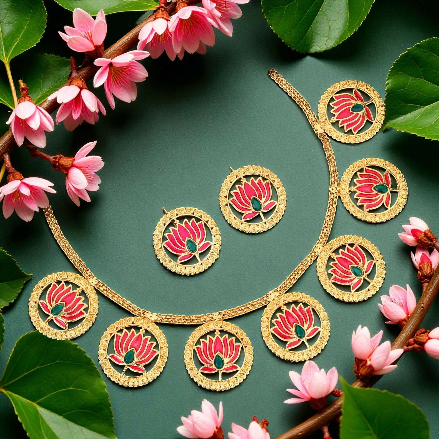 Bold Gold-Tone Green-Pink Crystal & Pearl Choker Set