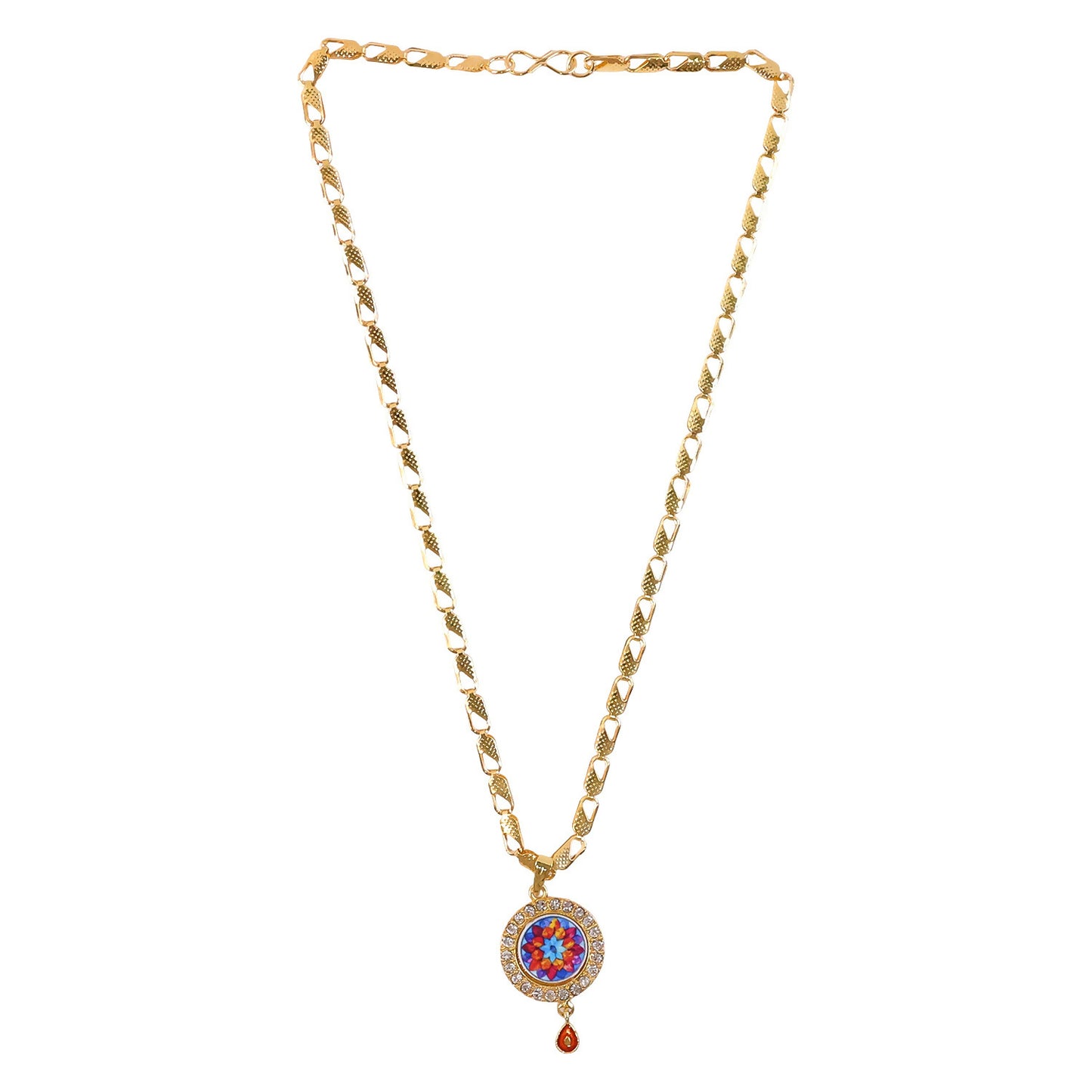 Elegant Multicolor Floral Gold Pendant Necklace with Stone Border