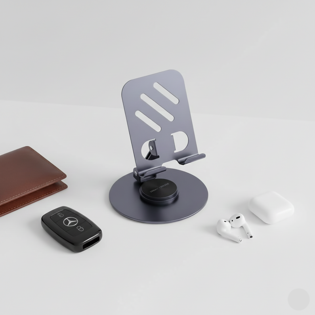 UNITEQ SpinPro Black Mobile Stand highlighting its stable metallic round base