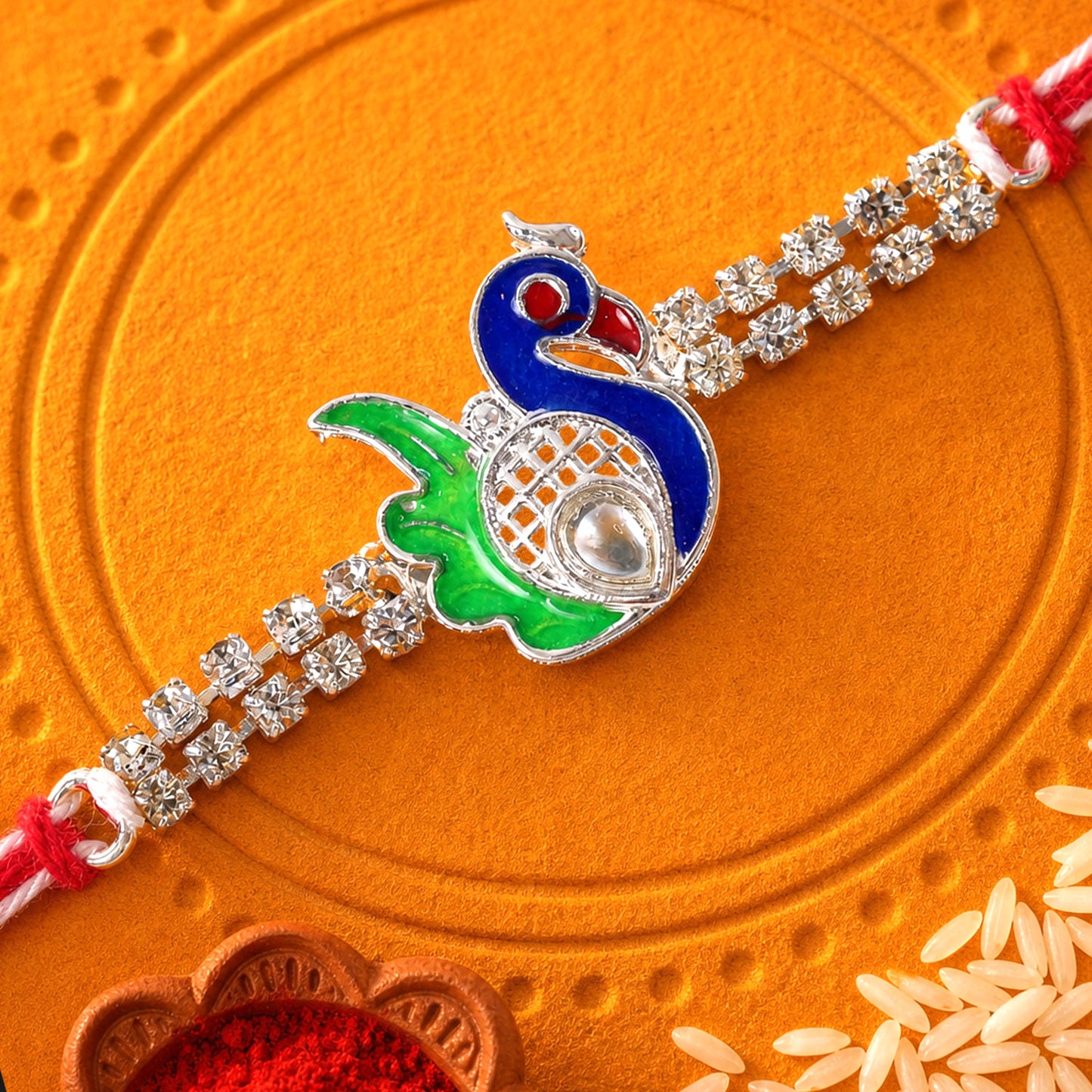Classic Rakhi featuring Peacock Charm, crystal sparkle and display look for Gift Use