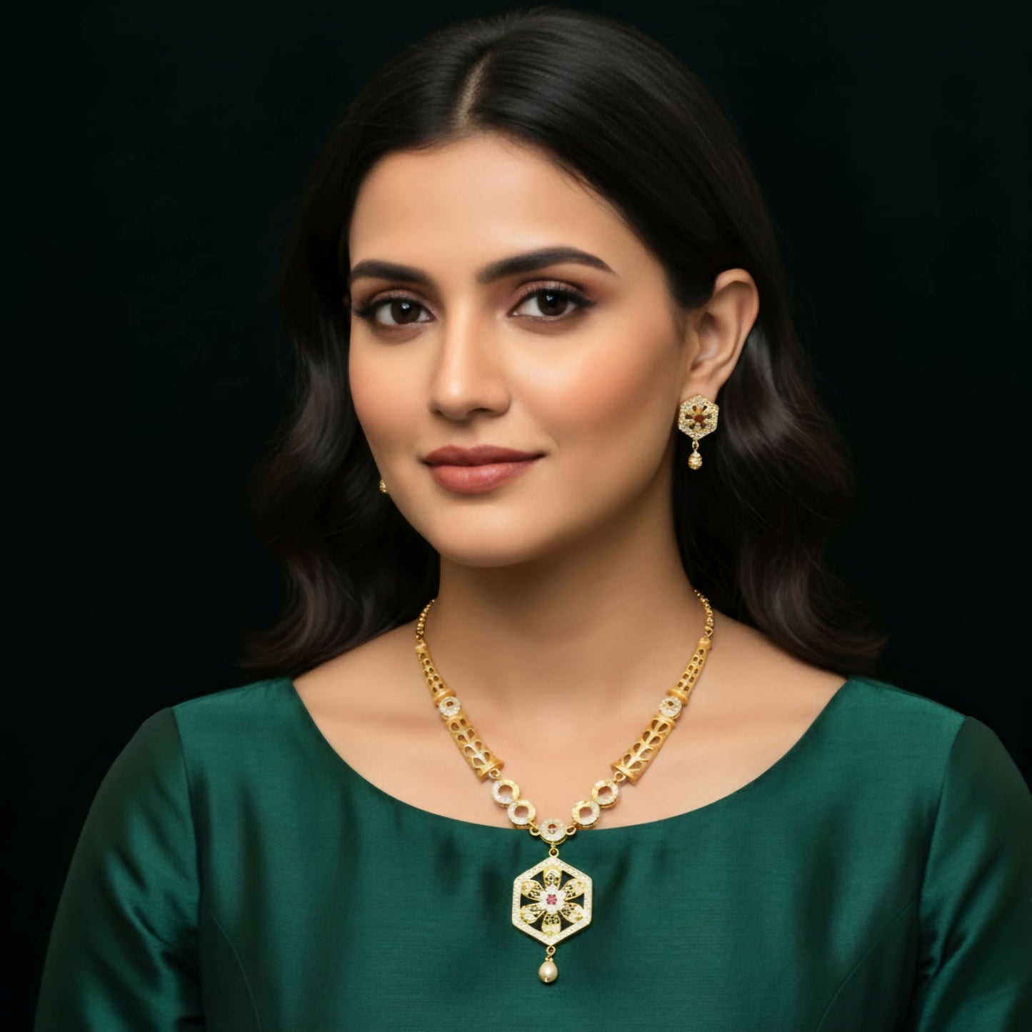 Front view of the gold plated hexagon stone pendant necklace highlighting stones.