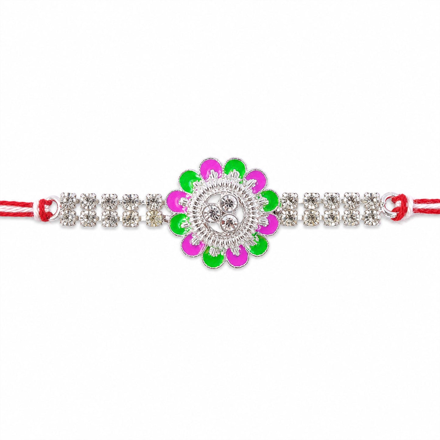 Designer Rakhi featuring Floral Medallion, gold trims and display look for Gift Use