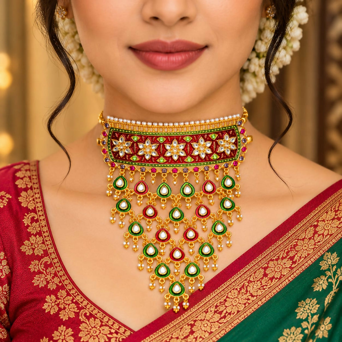 A woman models a wide gold choker with red and green enamel flowers and dangling teardrop elements.
