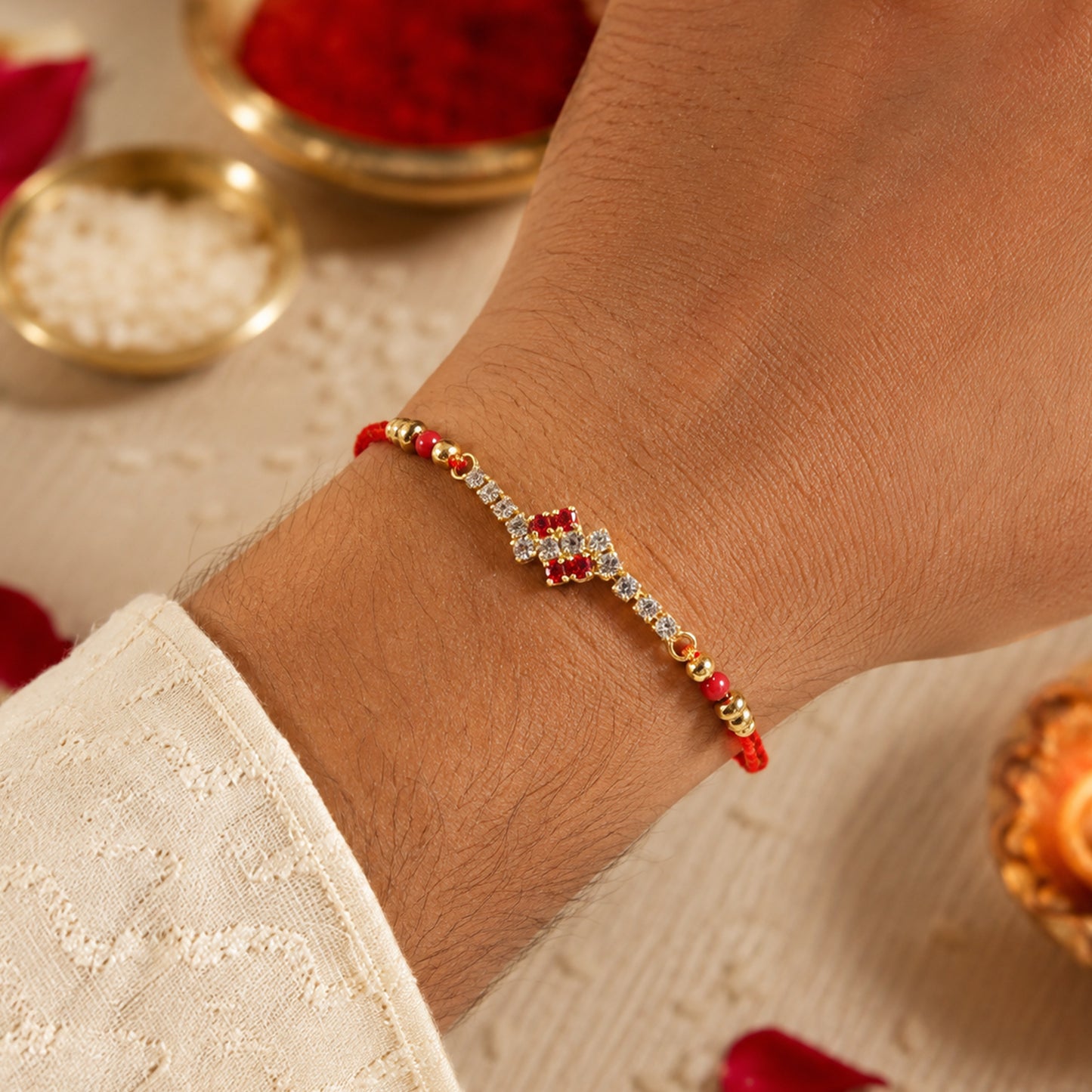 Compact Square Stone Rakhi in Mix Colour Threads (Pack of 6)