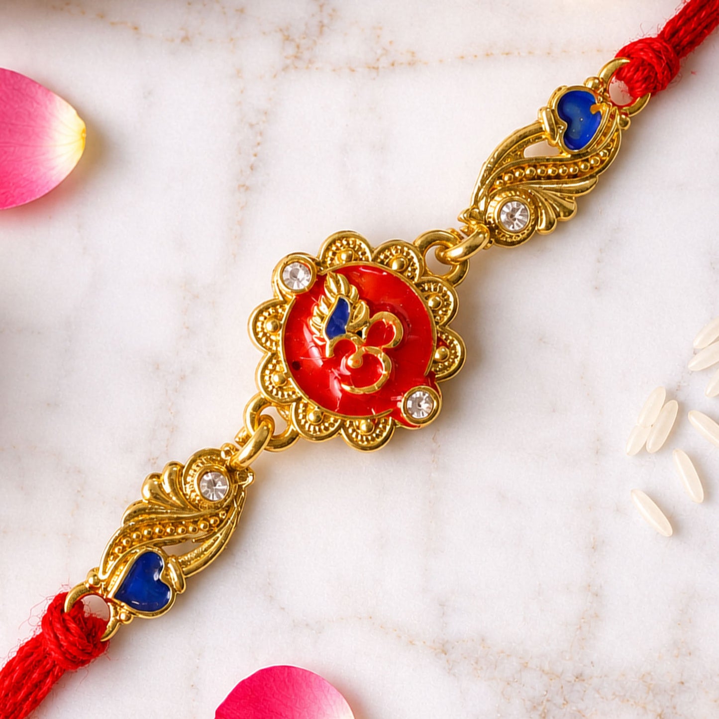 Premium Rakhi featuring Om Plaque, gold trims and chain look for Festive Display