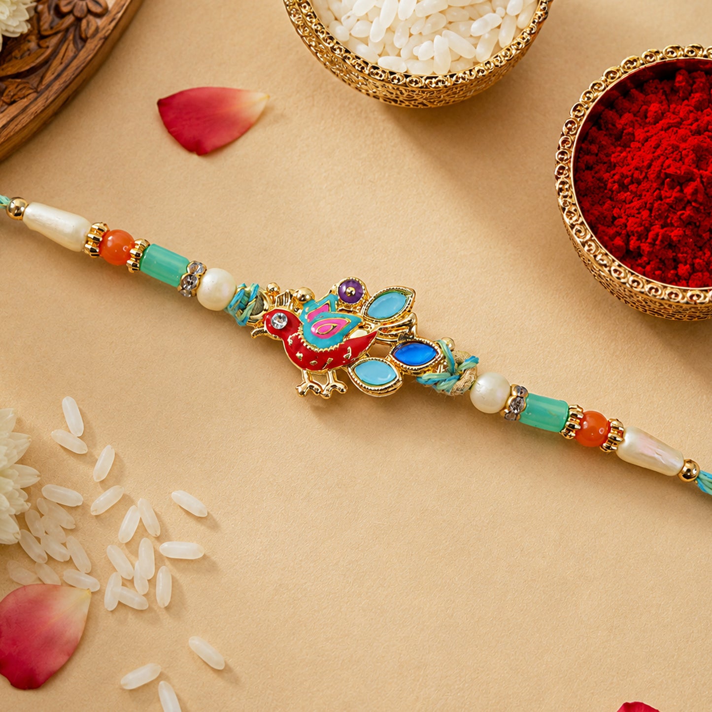 Colorful Enamel Peacock Pendant Rakhi with Multicolor Beads