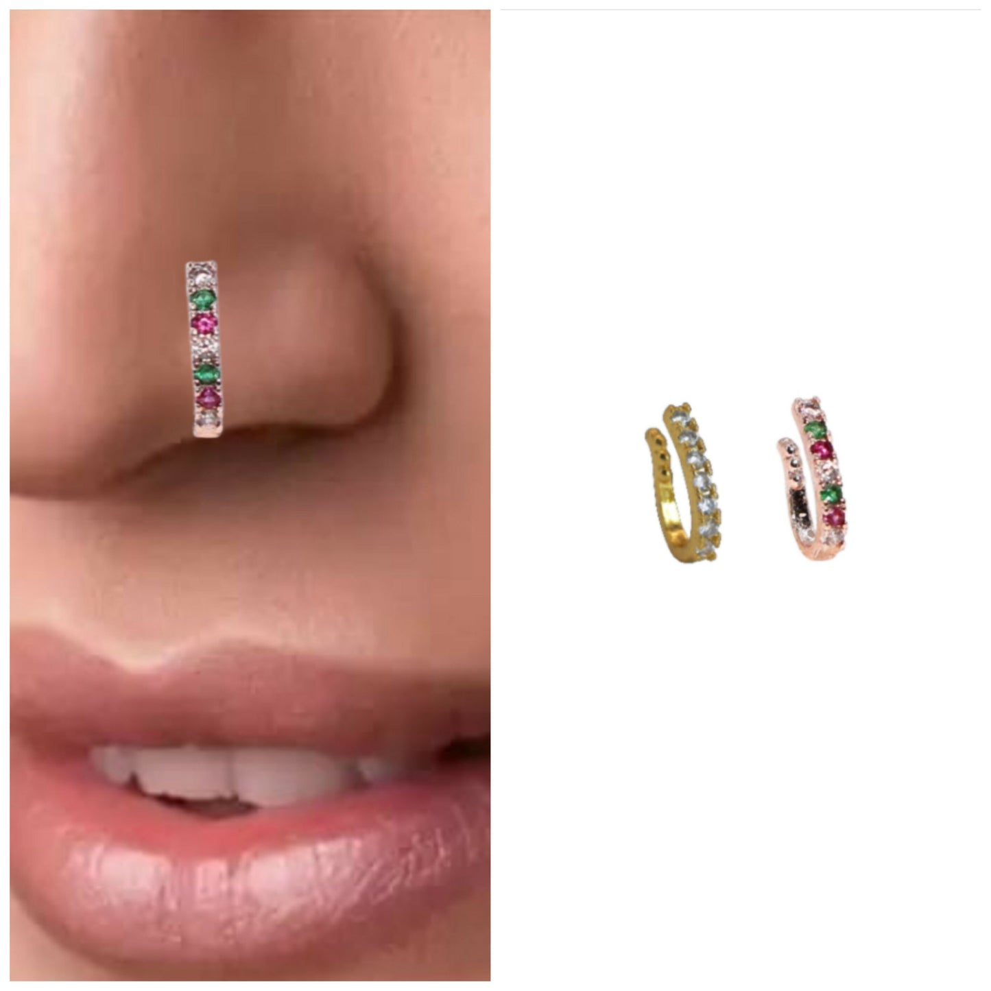 2 Pcs Non-Piercing CZ Nose Clip Set - Flower & Pave Hoop