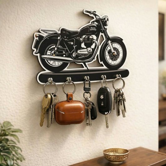 Bike Design Royal Enfield Style Wooden Key Holder with 5 Hooks