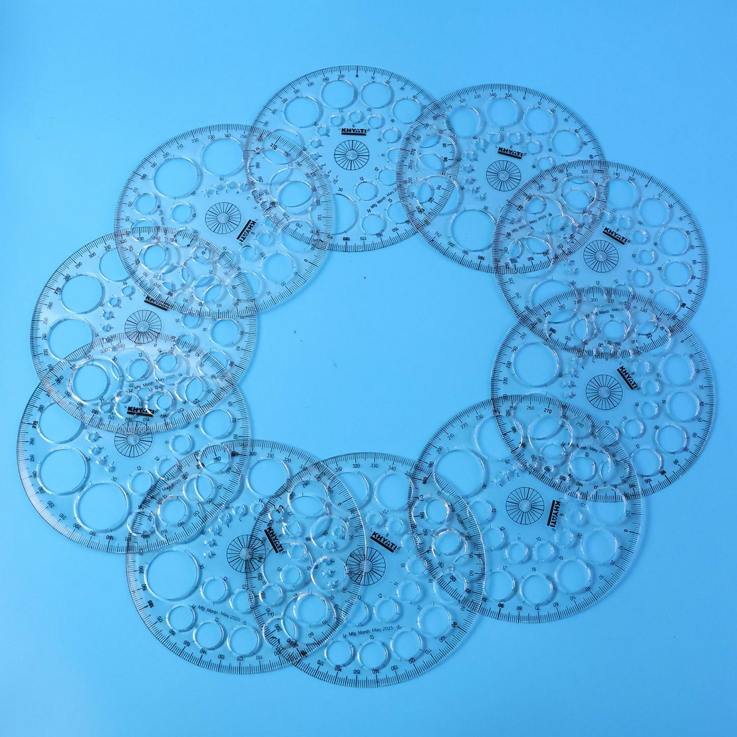 Multipurpose Big Circle Drawing Template Protractor Stencil for Geometry & Design Use (10Pcs)